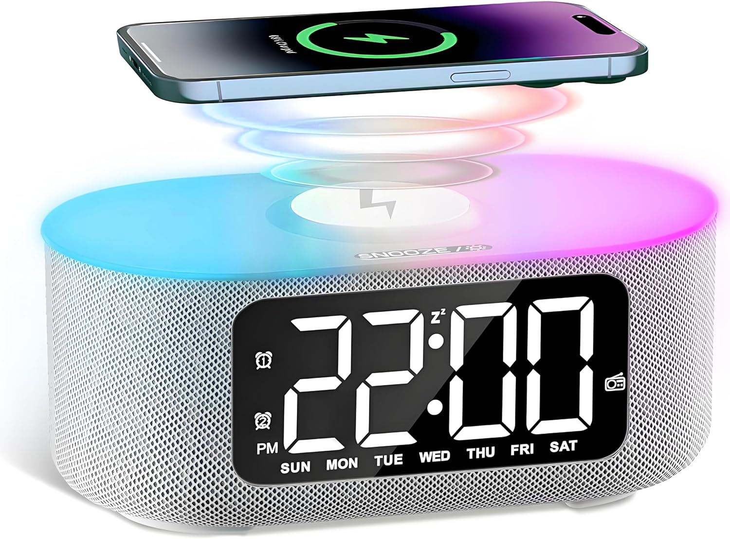 Sound Machine Alarm Clock for Bedroom, 15W Fast Wireless Charger, Digital Clock with FM Radio, Nightlight, Snooze, Dimmer, Bluetooth Stereo Speaker, White Noise Machine for Sleeping with 25 Sounds image number 1