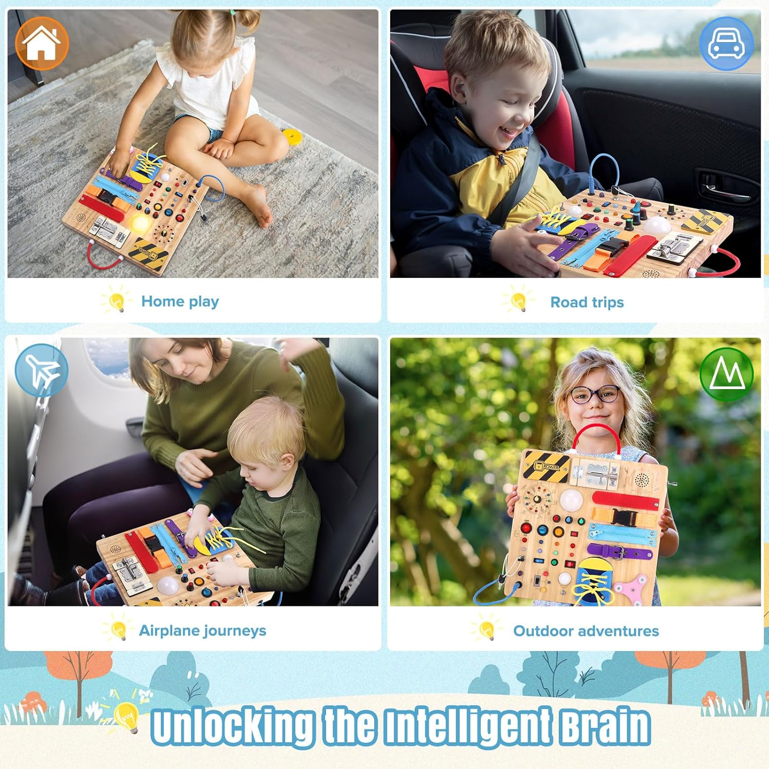 3 in 1 Busy Board Montessori Toys for 1-3 Year Old Wooden Learning Educational for Toddlers with 15 Switches, 26 LED Lights, Music Boxes, Locks,Zippers Toddler Sensory Toys for Soothing a Baby image number 4