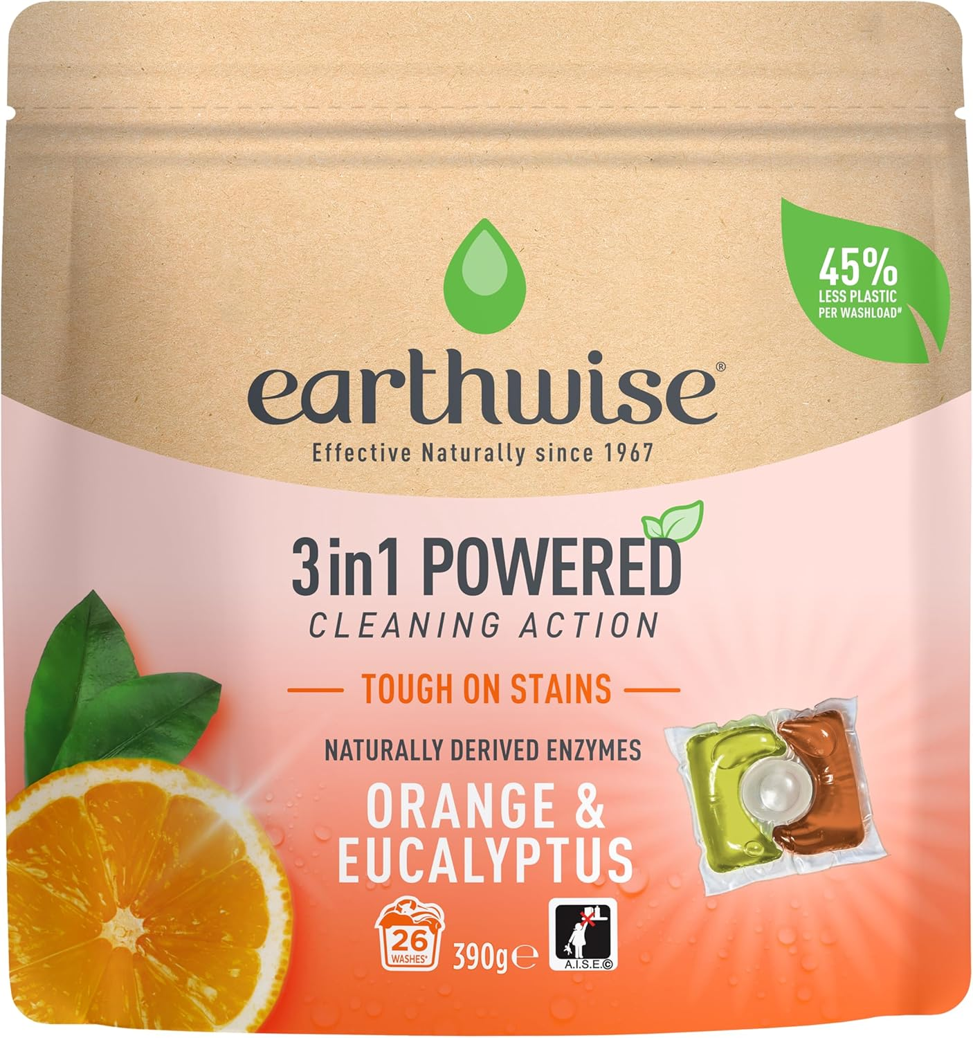 Earthwise Orange & Eucalyptus Laundry Washing Detergent Capsules, 26 Pack, 26 Washloads, Suitable for Front & Top Loader, Tough on Stains, 3In1 Powered Cleaning Action with Naturally Derived Enzymes image number 2