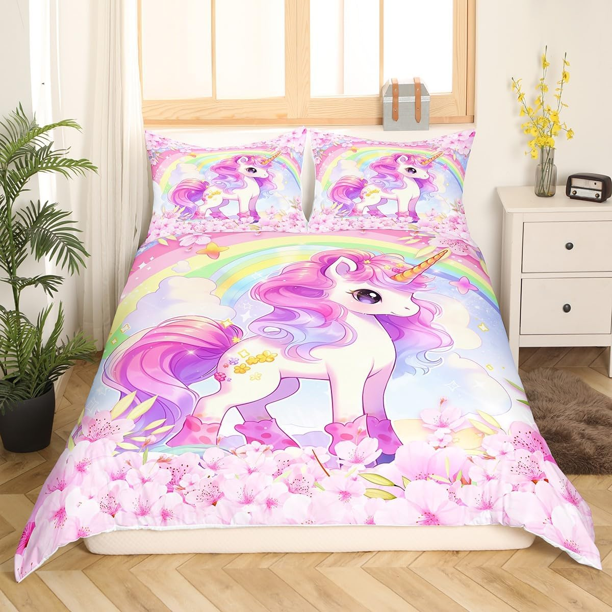 Cartoon Unicorn Kids Duvet Cover Set Queen Size,Sakura Cherry Blossom Japanese Bedding Set,Girls Women Room Decor,Rainbow Unicorn Cute Comforter Cover,Pink Purple Romantic Quilt Cover,2 Pillowcases image number 5