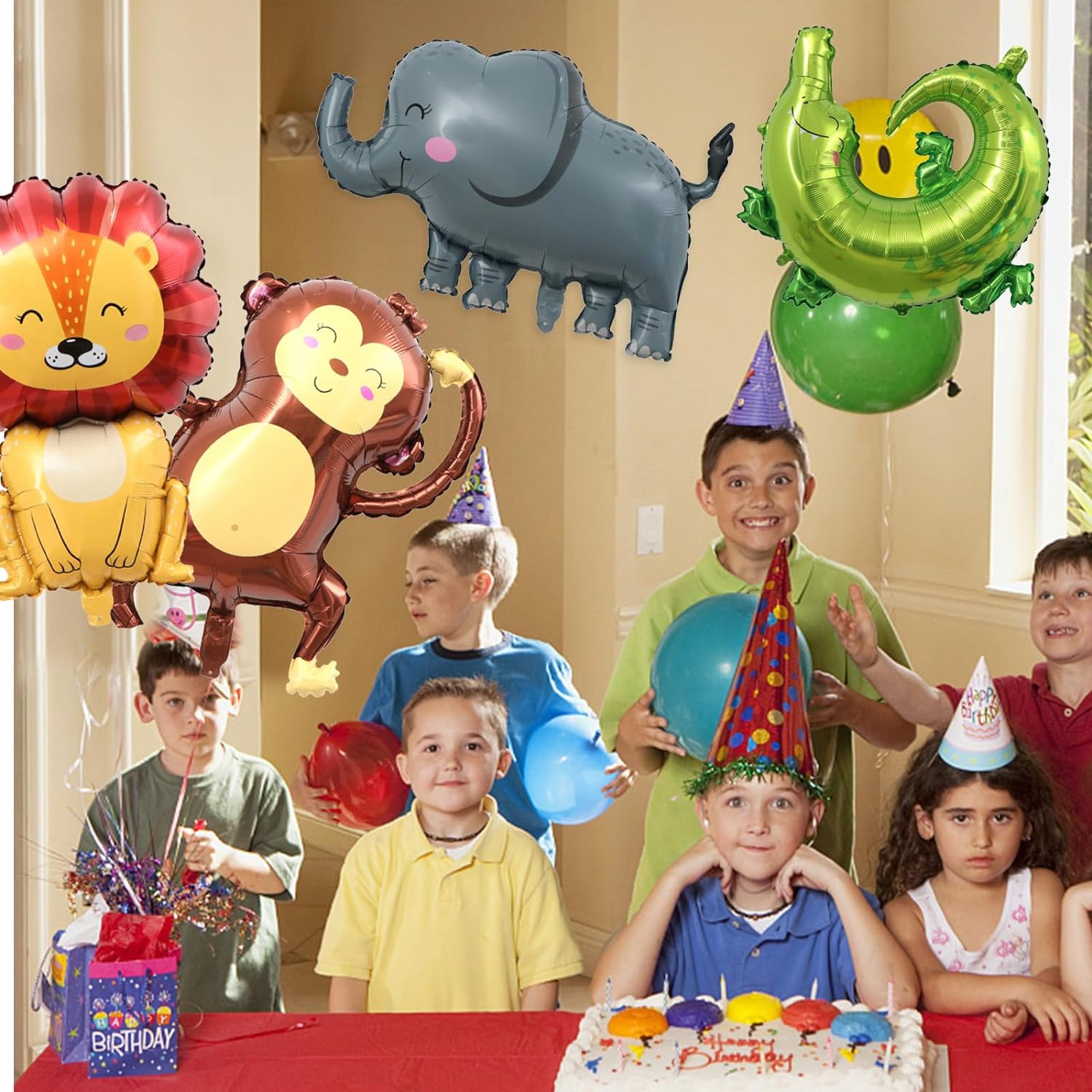 Pack of 7 Jungle Animal Balloons, 3D Jumbo Leopard Lion Monkey Zebra Giraffe Helium Balloon Set, Foil Balloon Forest Animals for Children Boys Girls Jungle Birthday Jungle Safari Animals Baby Shower