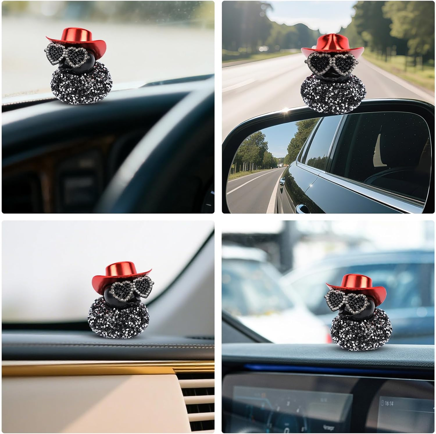 Car Ducks for Dashboard, Black Diamond Duck Decoration Cute Car Rubber Duck Ornament Accessories with Glasses Hat for Dashboard Refrigerator Decoration image number 3