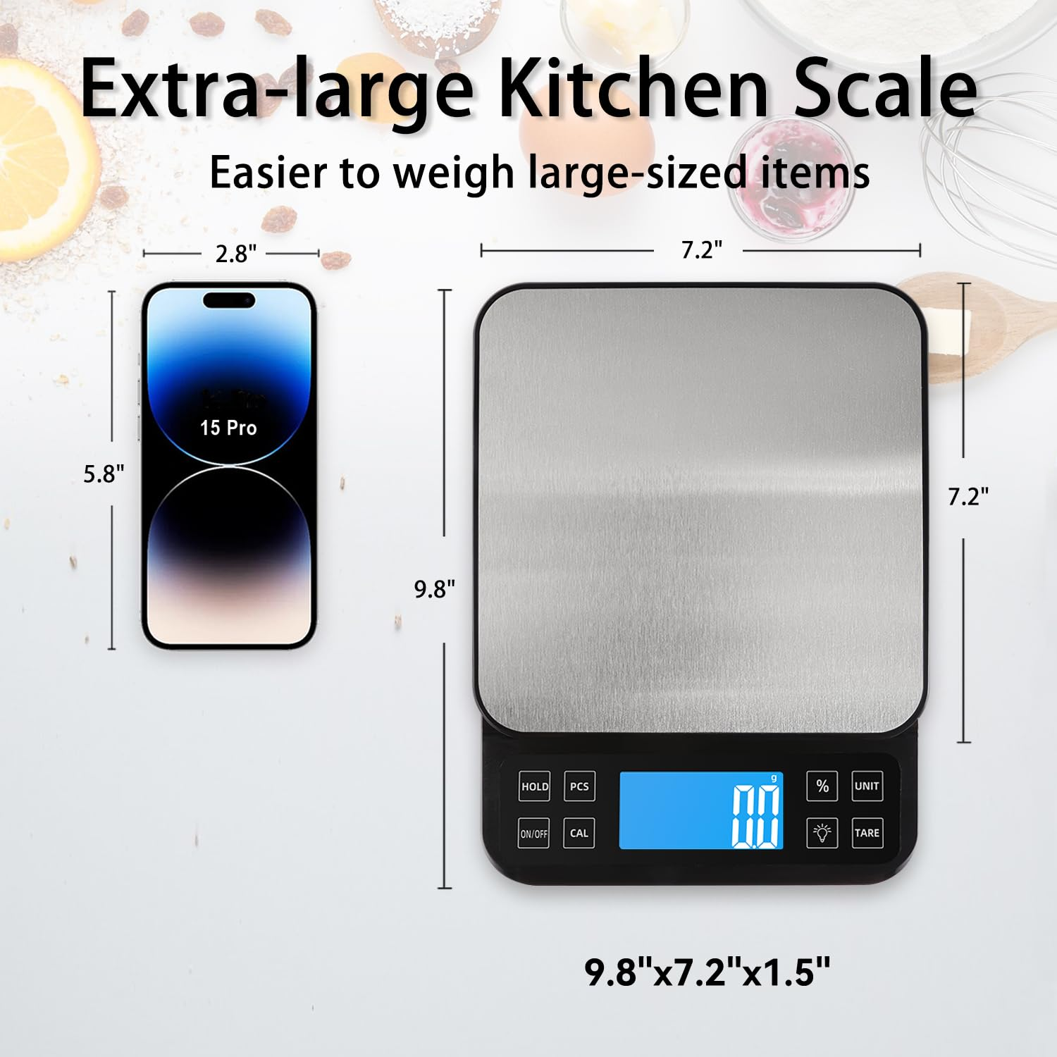BOMATA Large Kitchen Scale with 0.1G/0.001Oz High Precision, Bakery Scale With% Percentage Function, Capacity 5Kg/11Lbs, USB Rechargeable, Full-View Angle LCD with Backlight, Stainless Steel Pan image number 1