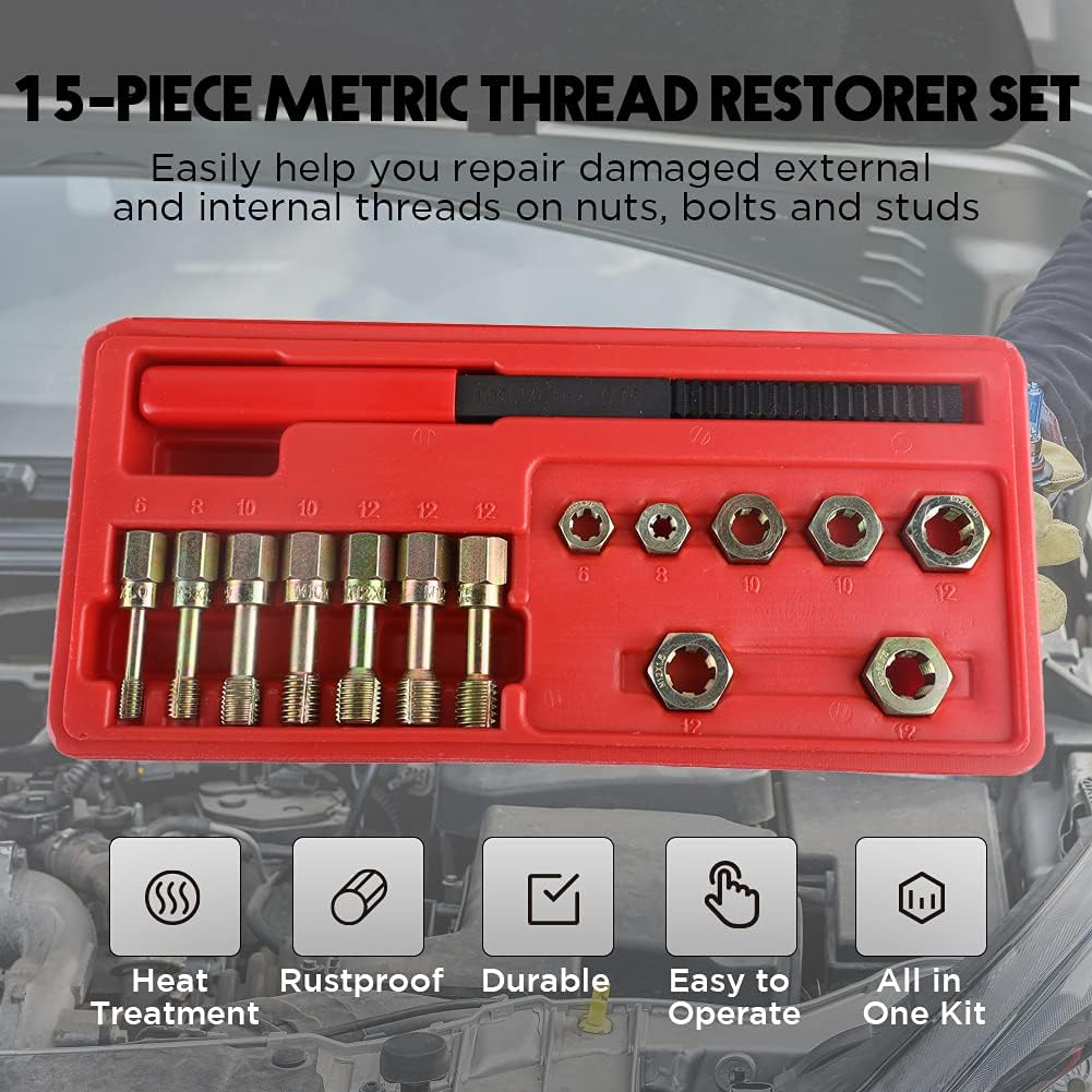 CMTOOL Metric Thread Chaser Set 15Pcs Thread Cleaning Tool Restorer Kit Thread File Tap and Die Set Metric and Standard M6X1.0 M8X1.25 M10X1.25 M10X1.50 M12X1.25 M12X1.50 M12X1.75 Thread Repair Tool image number 3