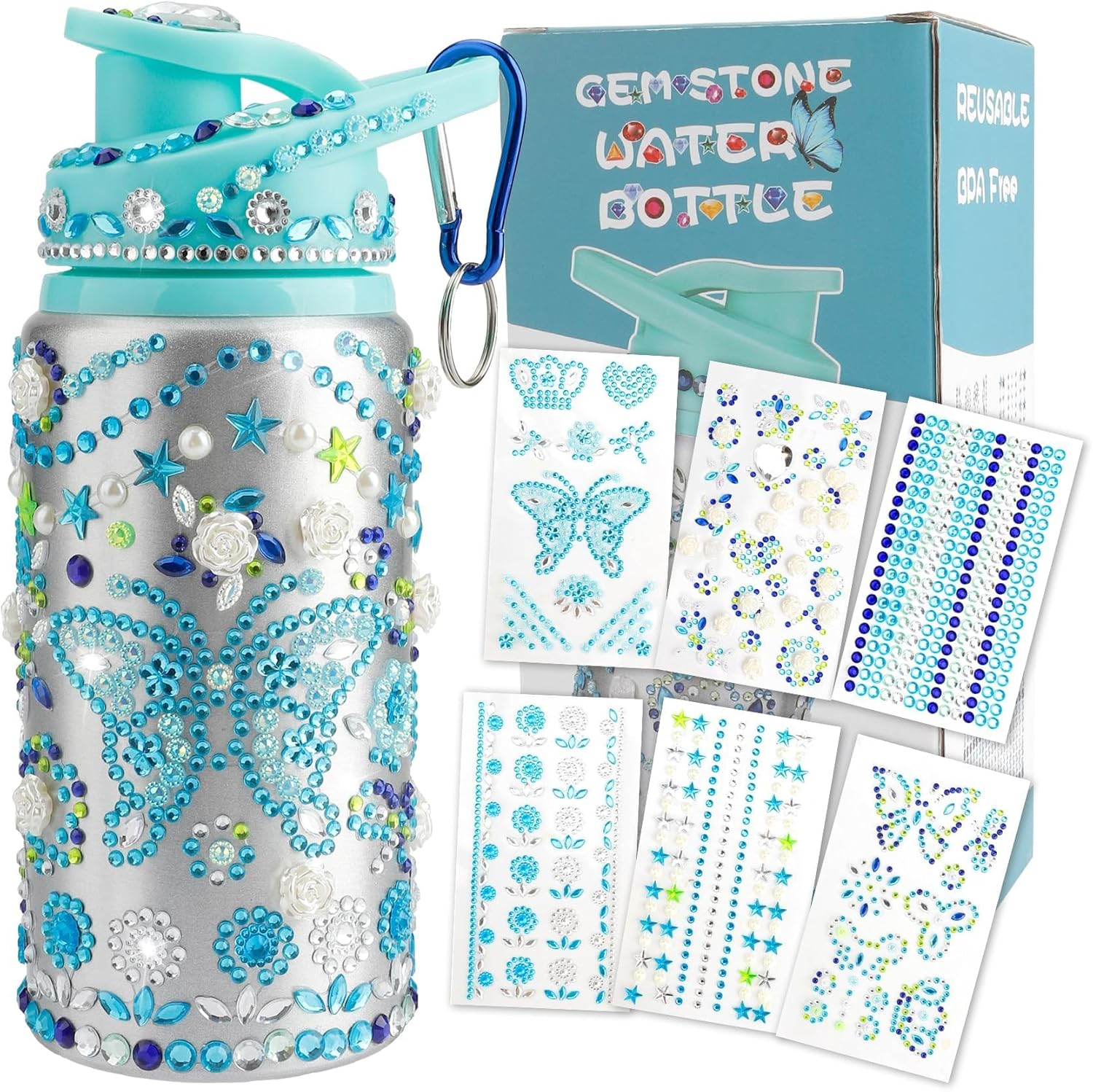 Valentines Day Gifts Girls Decorate Your Own Water Bottle for Girls Girls Water Bottles for School Water Bottle Jewel Stickers for Crafts Stickers for Girls Age 6 7 8 Green Water Bottle image number 3