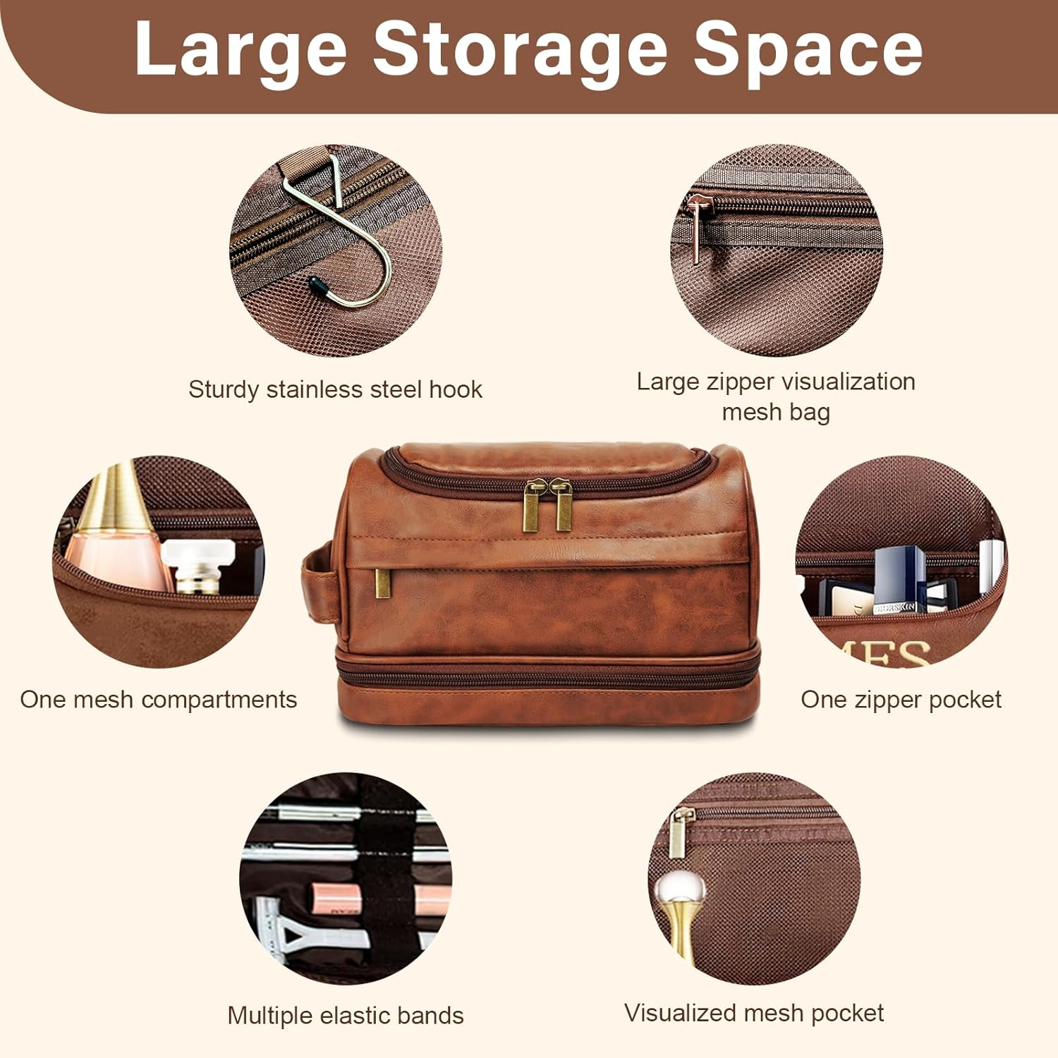 Toiletry Bag for Men, Large Leather Travel Essentials Shaving Kit, Water Resistant Bathroom Toiletries Organizer Cosmetic Bags, Gifts for Men, Him, Father, Dad, Husband, Son, Boyfriend, Grandpa image number 3