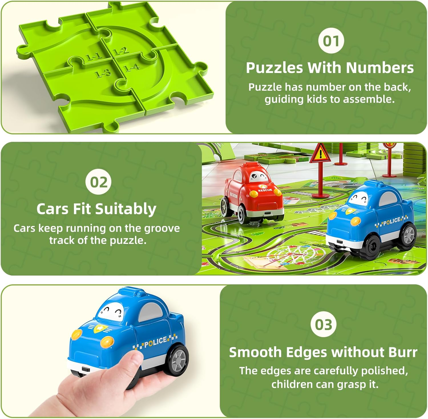JUKUDAHU 48 Pieces Puzzle Race Track Car Set Toys for 3 4 5 6 Year Old Boys, City Themed Playset for Kids Ages 3-5 with 2 Small Toy Cars, Indoor Boys Girls Birthday Gifts for Toddlers 1-3 3-5 4-8 image number 4