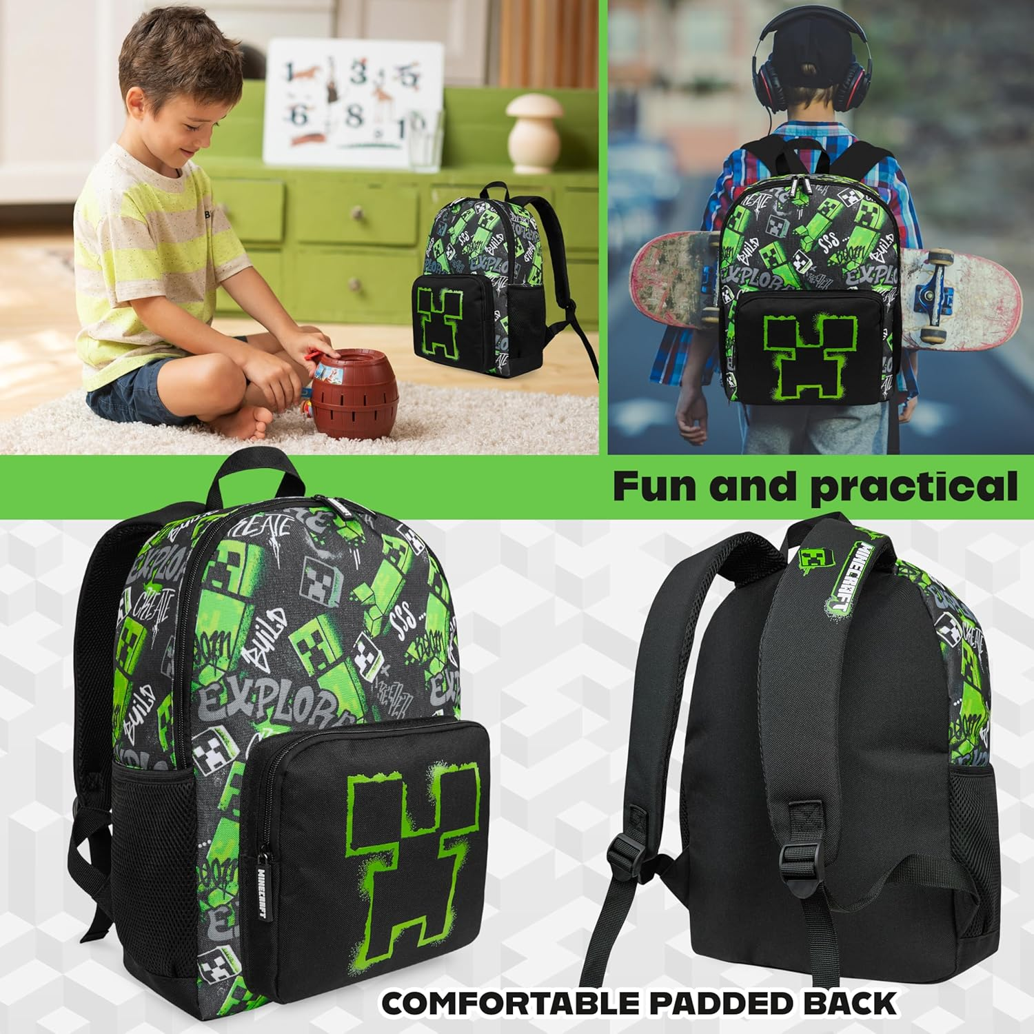 Minecraft Backpacks for Kids Creeper Boy Bag with Zipped Pockets Adjustable Straps image number 1