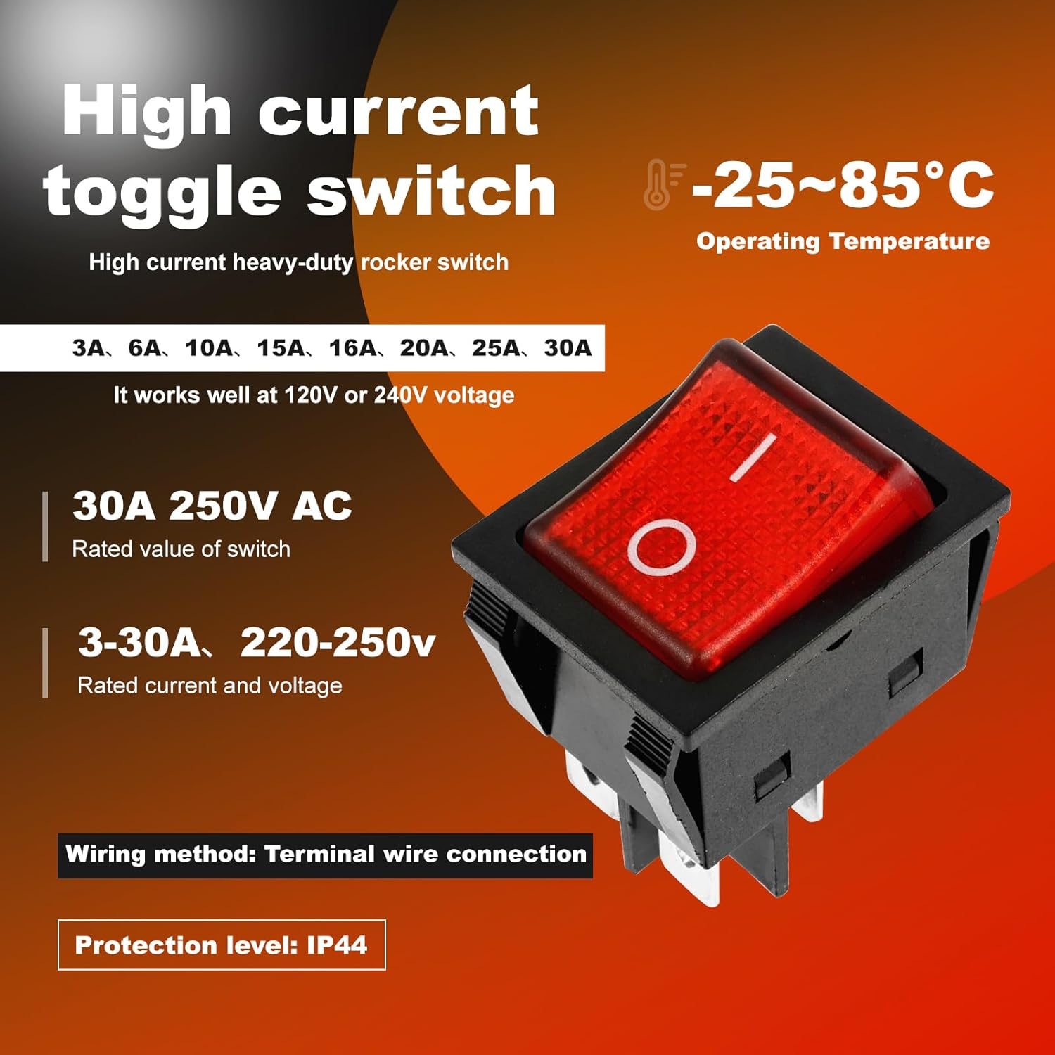 4Pcs 30A 250V AC DPST 4 Pin Rocker Toggle Switch Red Lighted On/Off Heavy Duty Switch for Industrial Equipment Car Ship(4) image number 4
