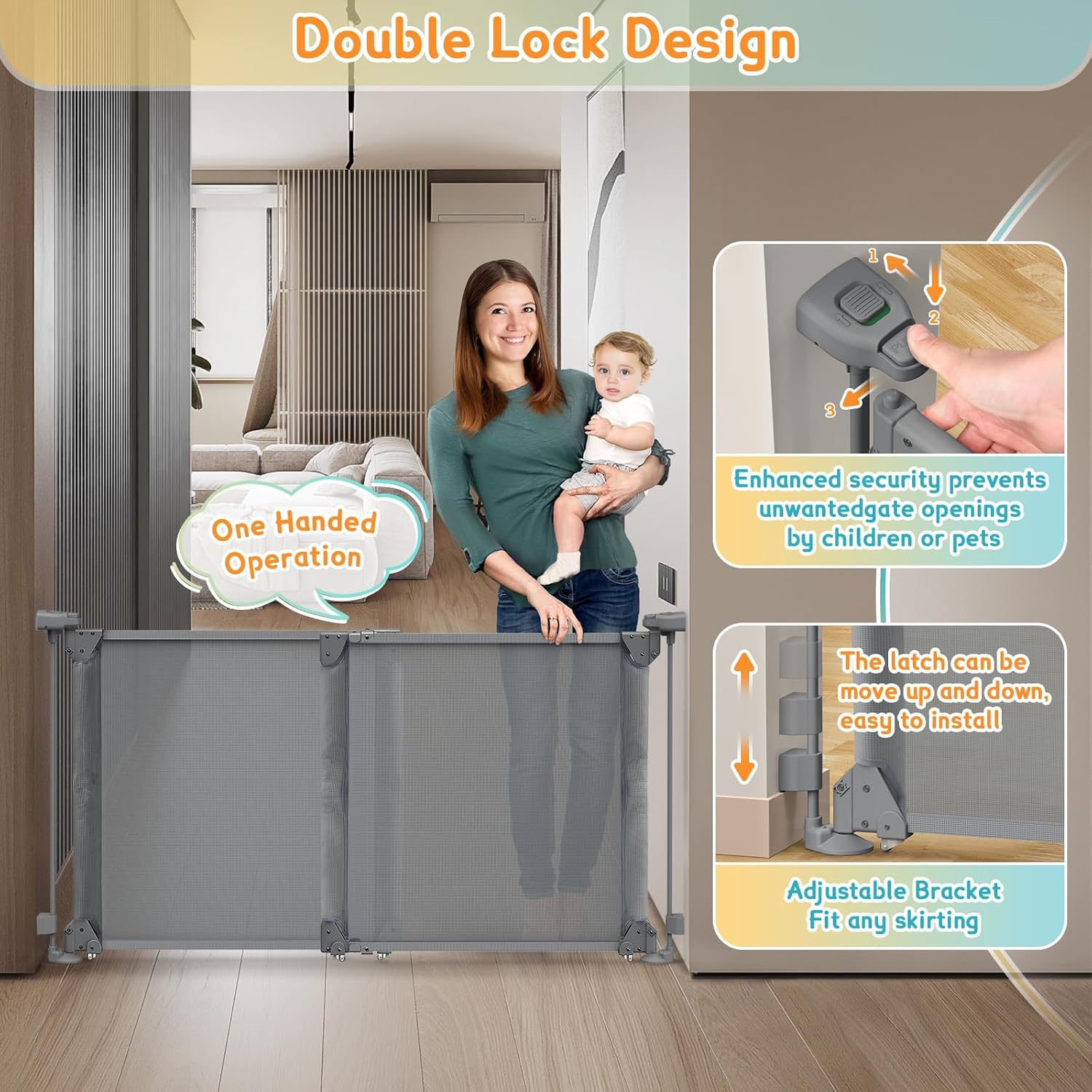 Foldable Baby Gate, Adjustable Baby Gates for Doorways, Dog Gate Adjustable Width 80 to 140Cm, 75Cm Tall Pet Gate One Handed Operation, Mesh Safety Gate for Stairs/Hallways/Outdoor/Indoor image number 6