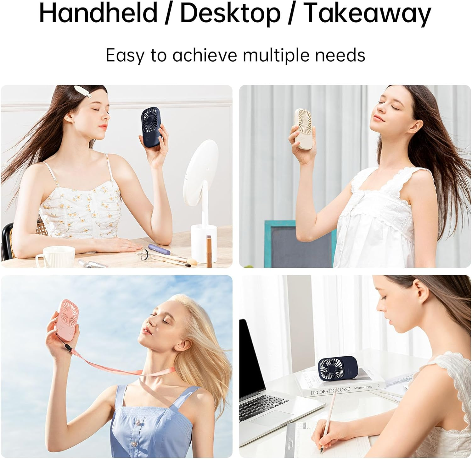 JISULIFE Handheld Mini Fan, Ultra Slim Portable Hand Fan, Small Personal Fan with Bracket, USB Rechargeable Pocket Fan with 3 Speeds, Battery Operated Eyelash Fan for Girls Kids Women Men Travel-Beige - Pink image number 3