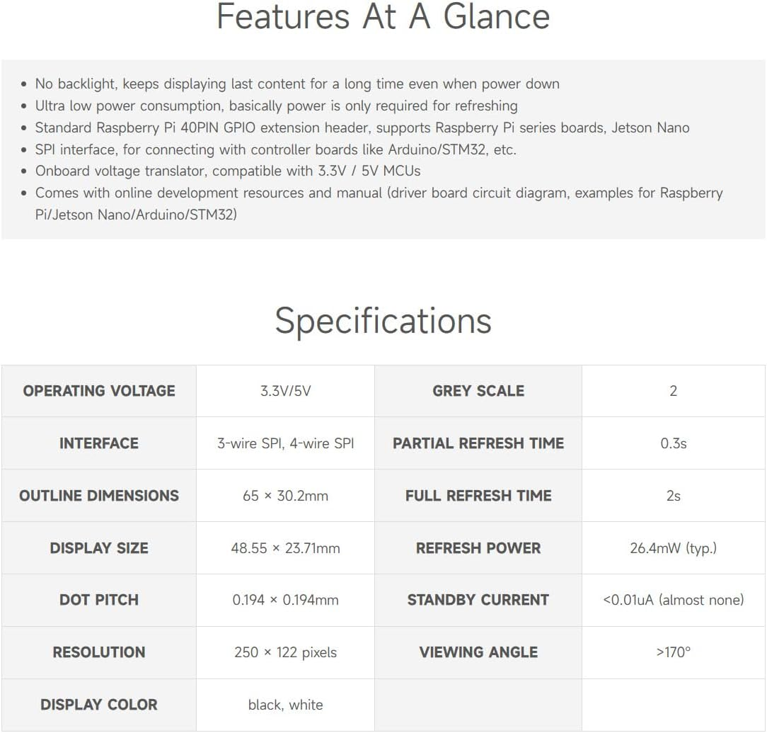 Waveshare 2.13 Inch E-Paper Display HAT E-Ink Screen V4 Version, LCD Module SPI Interface with Embedded Controller for Raspberry Pi 2B 3B Zero Zero W image number 4