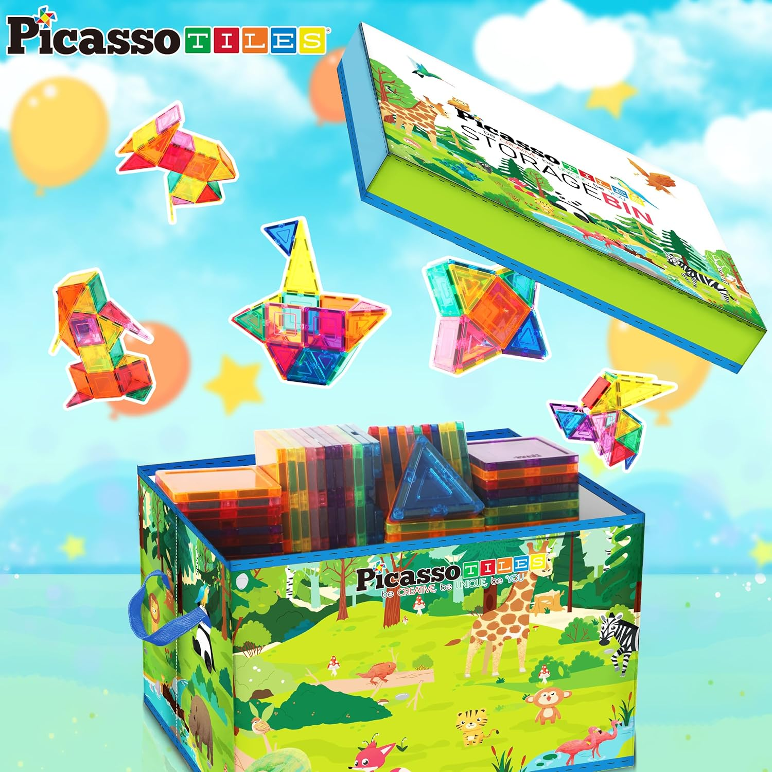 Picassotiles Foldable Toy Storage Chest Box Forest Animal Theme Magnet Tile Organization Bin with Lid and Handles Magnetic Tiles Playroom Organizer STEM Early Educational Toys Boys Girls Ages 3+ PTA34 image number 4