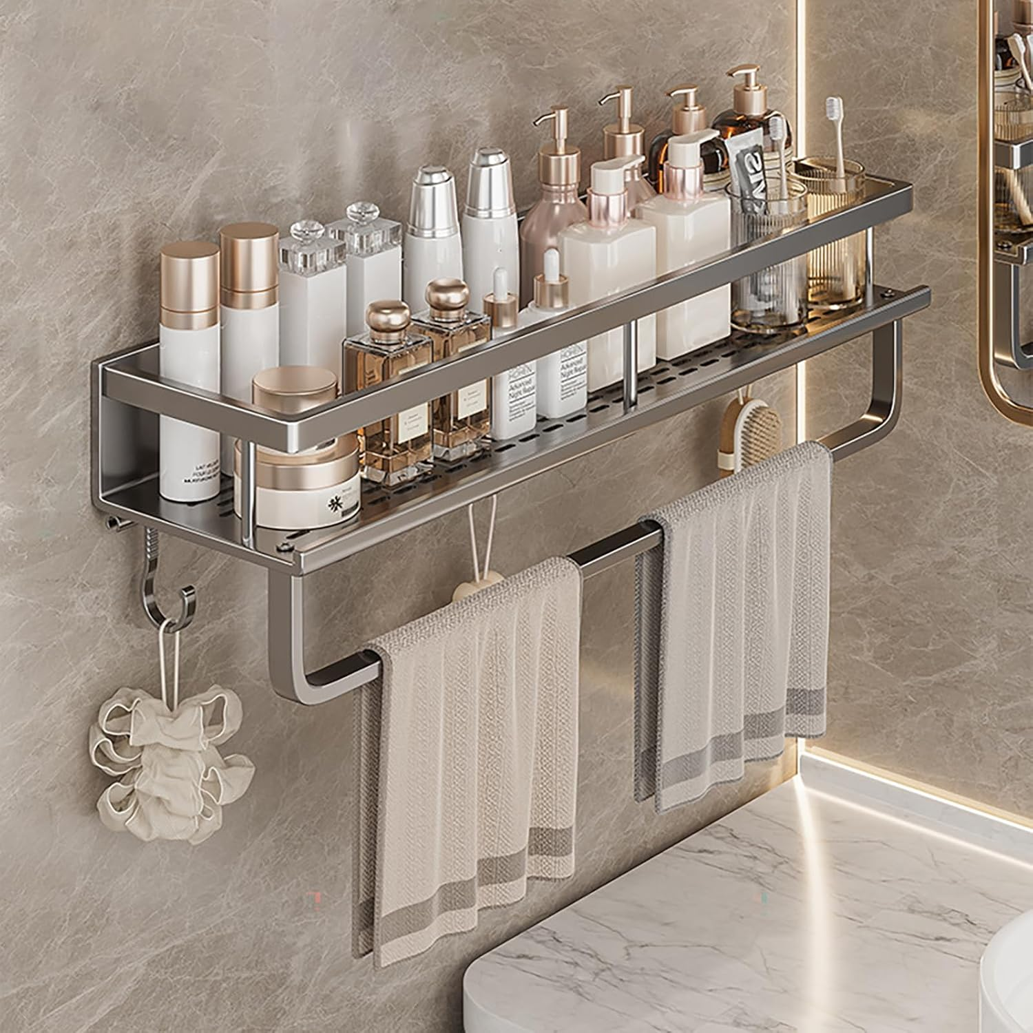 ZOOMTEC Large Shower Caddy with 5 Hooks and Removable Towel Bar, W50&times;D12Cm Rustproof Shower Organizer, Wall-Mounted No Drilling Bathroom Caddy for Balcony (Black)