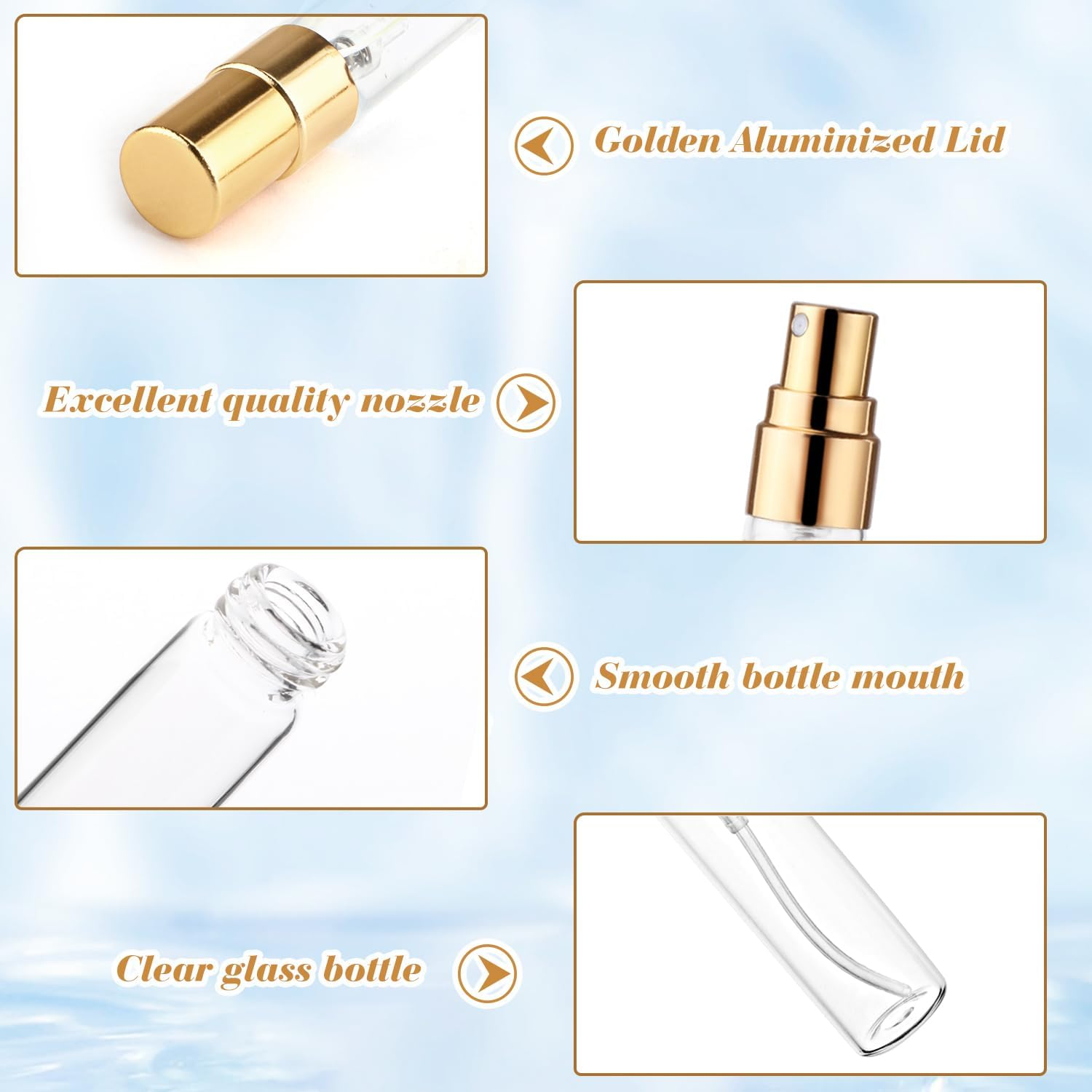 BOSMIOW 20Pcs 5Ml Clear Glass Mist Spray Bottle Refillable Mini Perfume Atomizer Empty Travel Sample Bottle with Golden Aluminized Nozzle Makeup Container for Perfume,Liquid,Air Fresheners image number 3