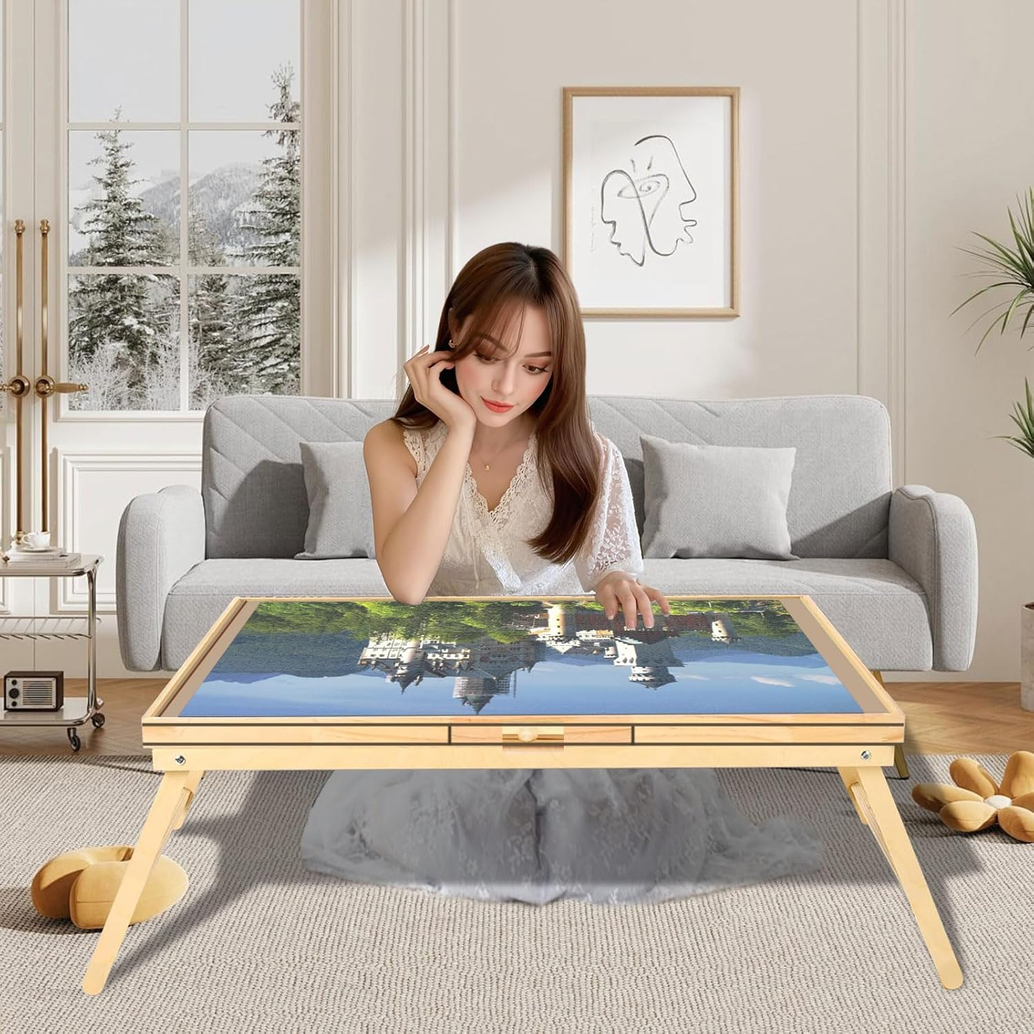 1500 Piece Puzzle Table with 6 Drawers, Foldable Puzzle Board with Legs Portable Puzzle Table Jigsaw Puzzle Board Cover Wooden Jigsaw Board for Adults Ideal Puzzles Lovers