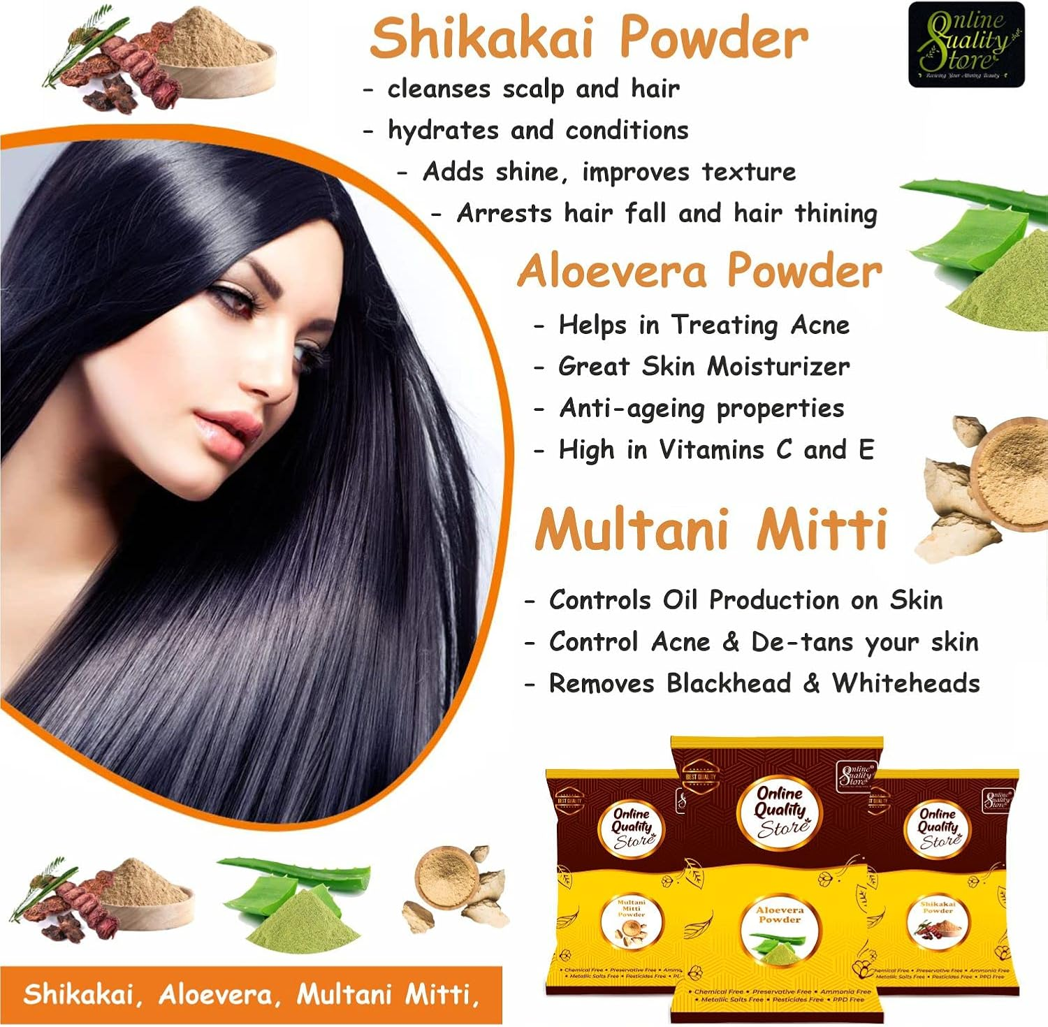 Online Quality Store Amla(175 Grams) Reetha(175 Grams) Shikakai(175 Grams) Multani Mitti(200 Grams) and Alovera Powder(175 Grams) for Hair in Separate Packaging (Total :- 900 Grams) - Offer of the Day image number 1