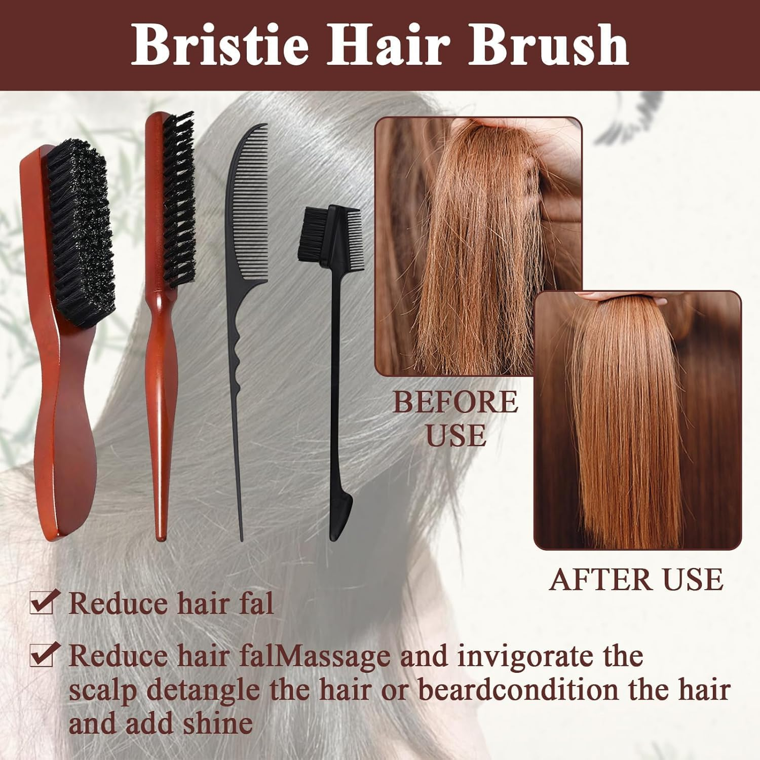 4Pcs Slick Back Hair Brushes Boar Bristle Hair Brush with Crescent Comb and Eyebrow Comb, Wooden Handle Bristle Slick Back Teasing Boar Bristle Sleek Styling Hair Brush image number 1