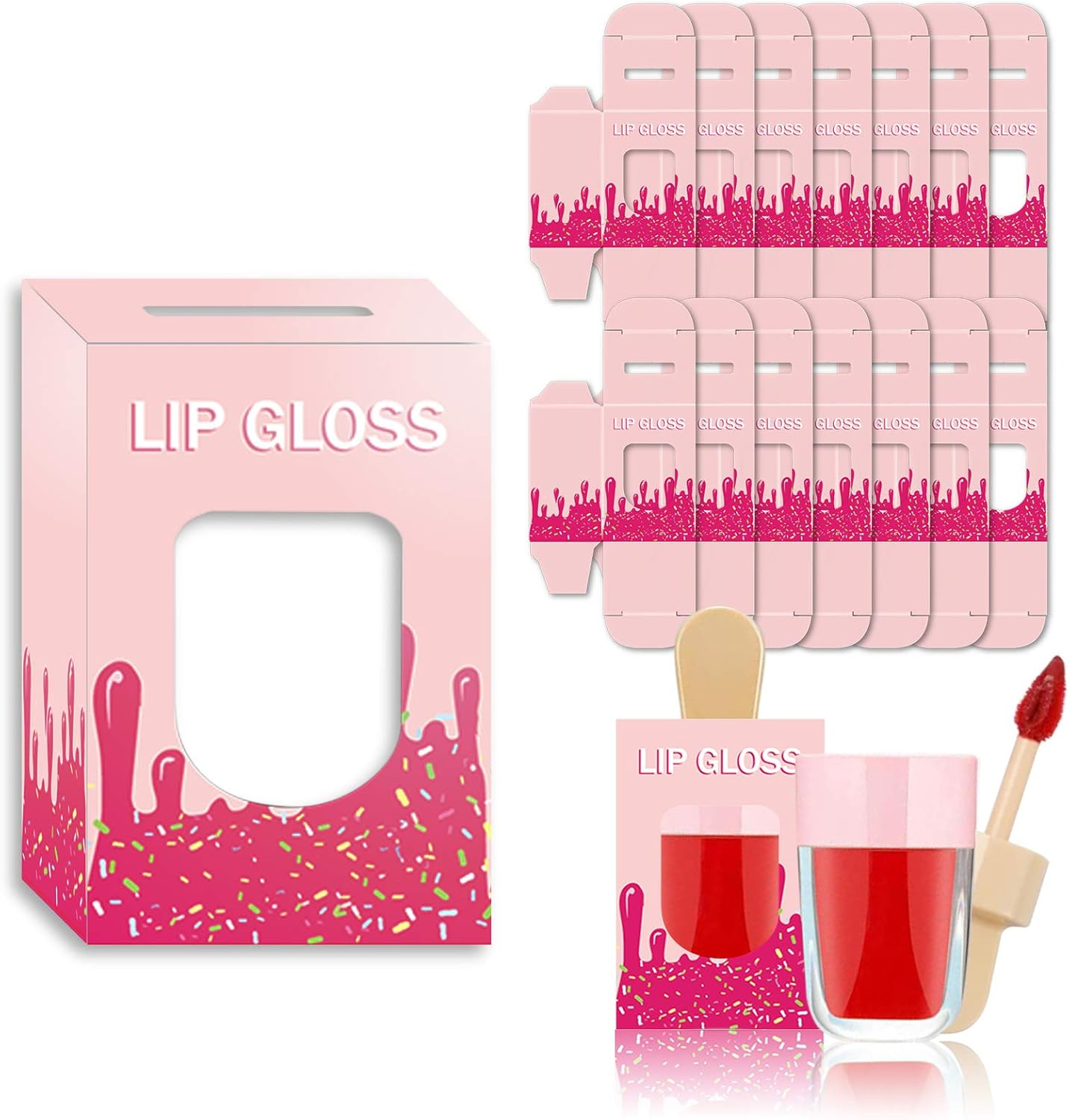 15 Pack Ice-Cream Lip Gloss Tube Boxes Packaging, Pink Lip Gloss Boxes for 2.68X1.62 Inch Ice Cream Shaped Empty Lipgloss Tubes, Pink Ice Cream Lipgloss Bottle Packaging (Not Include Tubes)