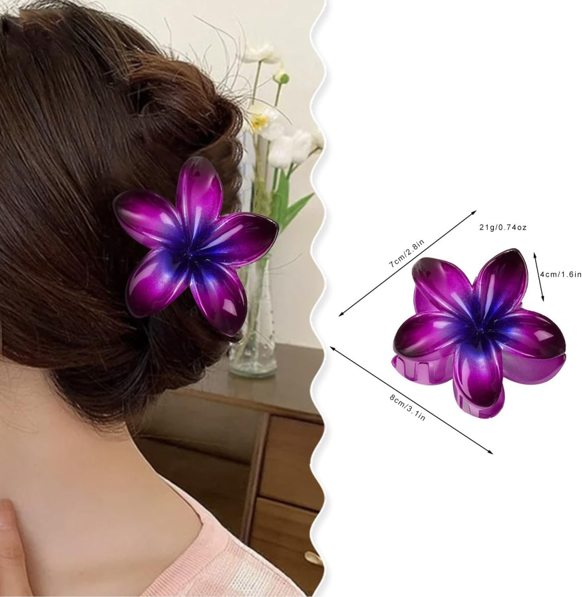 Blausky Pack of 1 Acrylic Flower Hair Clips, Hawaiian Plumeria Hair Clip, Large Flower Hair Clips, Claw Clip, Non-Slip Flowers Hair Accessories for Women and Women, Thick/Thin Hair, Green image number 3