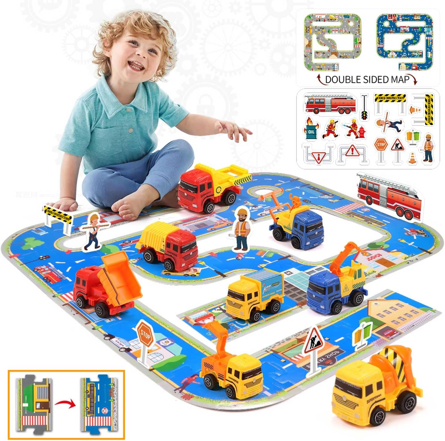 Pull Back City Cars and Trucks Toy Die Cast Vehicle Set Model Car, Friction Powered Mini Car Pack Toy Set with Play Mat, City Puzzle Engineering Car Set Toys for Kids 3 4 5 6 7 8 Years Old Boy Gifts image number 4