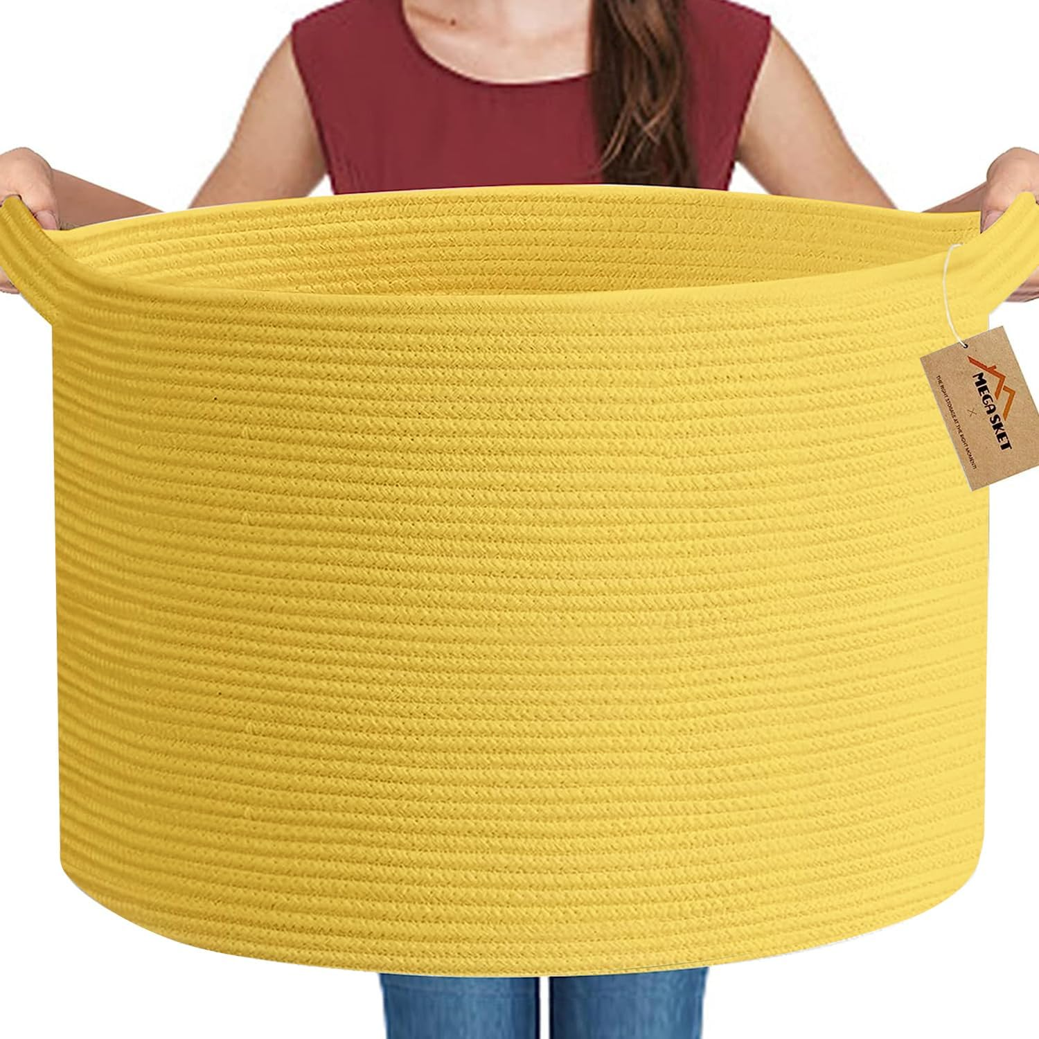 MEGASKET Extra Large Yellow Storage Basket, 22" X 22" X 14" Woven Cotton Rope, for Living Room, Baby Nursery, Toy Organizer, Towels, Room Decor - Brown Variegated image number 2