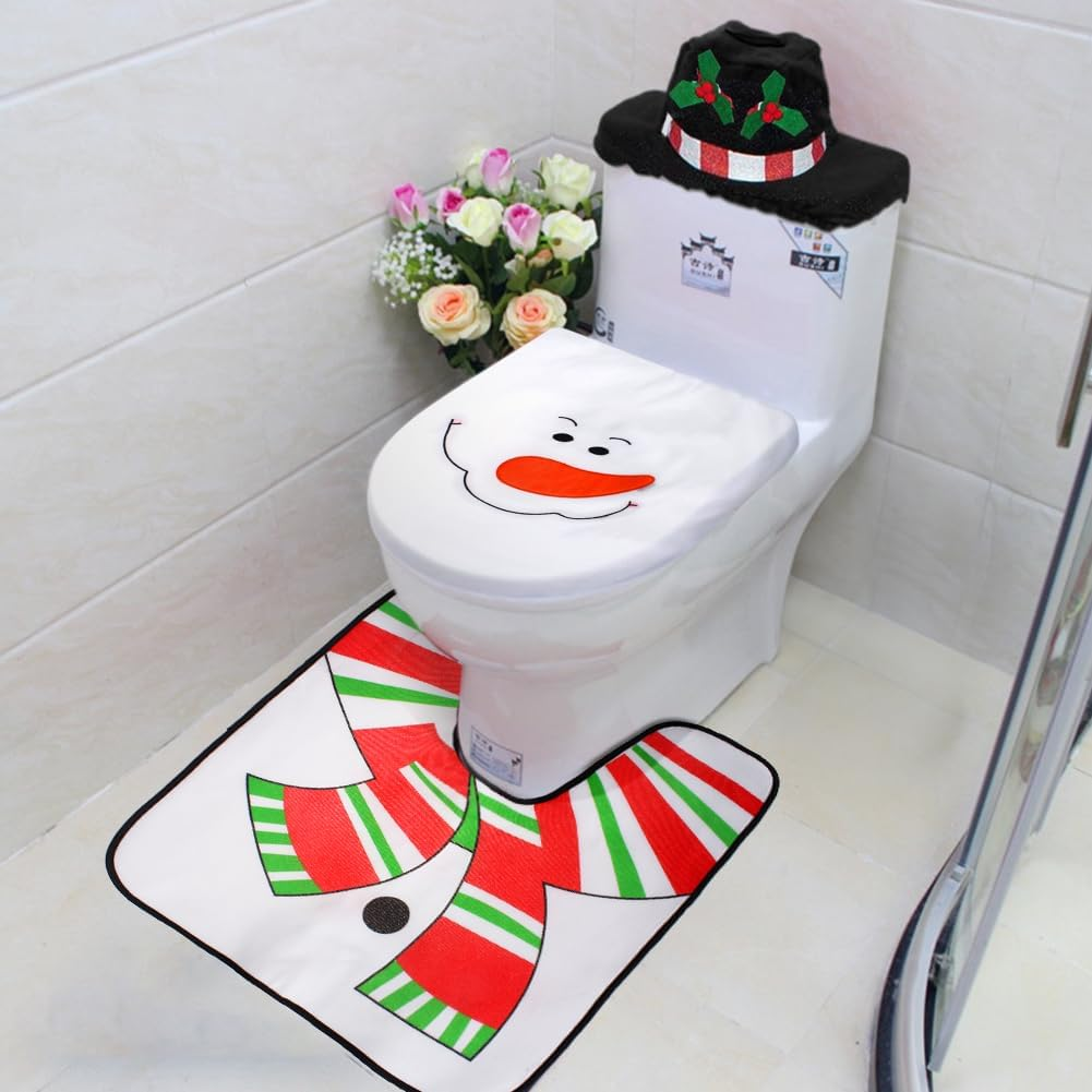 Christmas Decorations,H HOME-MART Christmas Toilet Seat Cover and Rug Set Tank Lid Covers Tissue Box Cover Xmas Decorations Funny Bathroom Santa Claus Snowman Elf Festival Decor image number 2