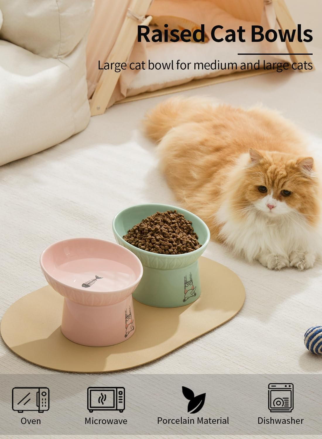 OMAYKEY Extra Wide Raised Cat Bowls, 6.5 Inch Wide Ceramic Tilted Elevated Cat Bowl, Prevent Neck & Whisker Fatigue, anti Vomit for Cats Puppies, Dishwasher and Microwave Safe, 2 Pack