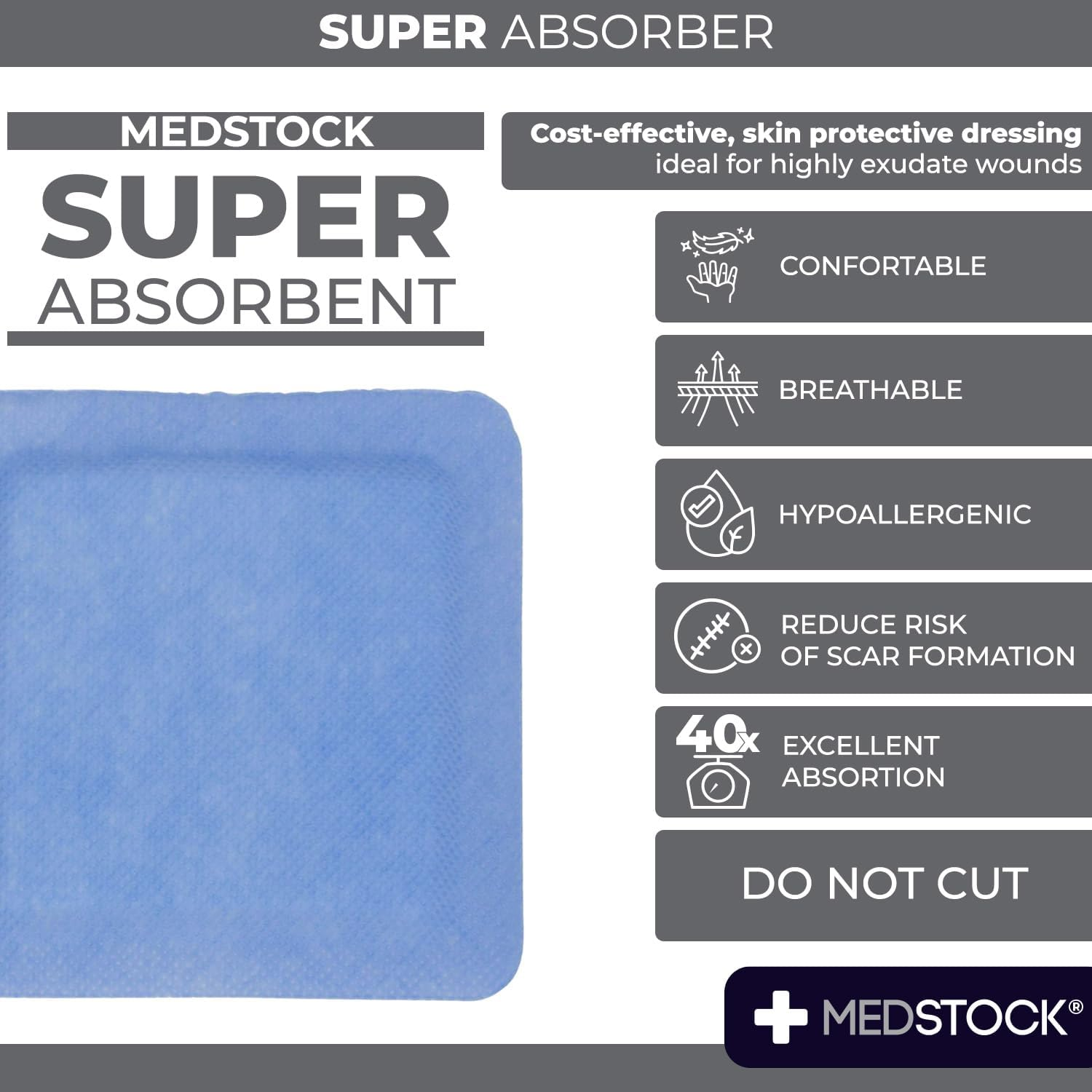 MEDSTOCK Super Absorber Dressing, 10CM X 15CM, 10 Count, Wound Care, Ultimate Absorption, Holds Extra Volumes of Exudate, Less Frequent Dressing Changes, Reduces Damage Risk & Maceration image number 4