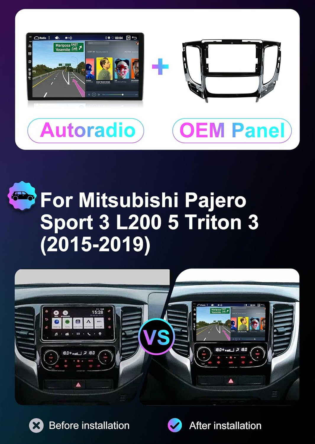 BXLIYER &brvbar; 8G+256G &brvbar; Android 14 IPS Car Stereo for Mitsubishi Pajero Sport 3 L200 5 Triton 3 2015-2019- Wireless Carplay/Android Auto - Camera + MIC - 9 Inch 2 Din DAB Steering Wheel Fast-Boot 360-CAM image number 4