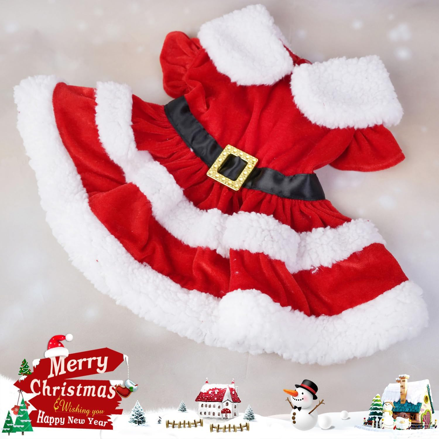 Idepet Christmas Dog Outfit, Santa Dog Dress Puppy Costume Xmas Dog Skirt for Small Dogs Girls Velvet Cat Apparel Thermal Holiday Pet Clothes, Red (Large) image number 2