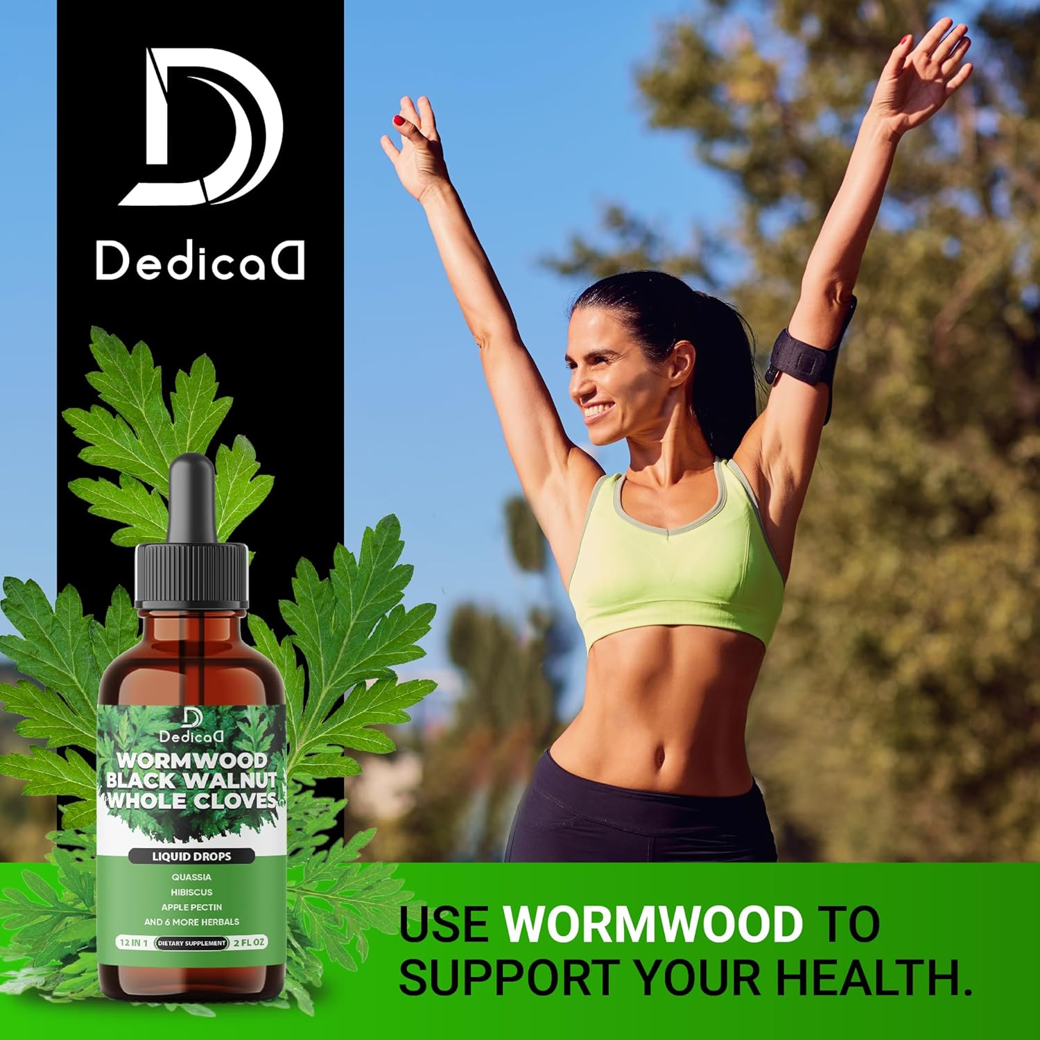 DEDICAD 12In1 Wormwood Liquid Drops - Black Walnut Wormwood Tincture Liquid Extract Whole Cloves and 9 More Herbs - 60 Days Supply