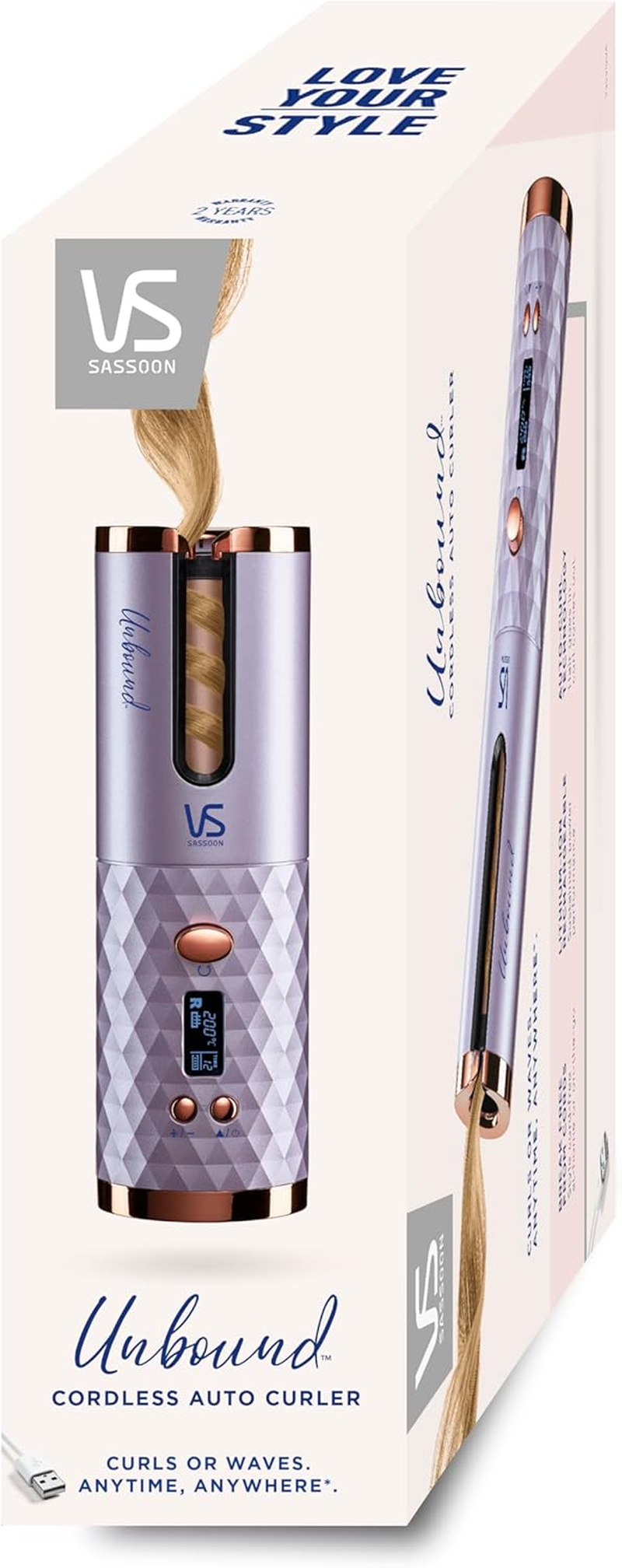 VS Sassoon Curl Secret&reg; Cordless Ceramic Auto Curler, Fast Heat Up, 2 Heat Settings, 3 LED Curl Presets, USB Charging, Cord Free Use for up to 40 Mins, anti Tangle Protection, 15Mm Barrel, Lightweight, Includes Travel Case, Sectioning Clips & Wide Tooth Comb. Metallic Grey/Gold (VSC1040A) image number 2
