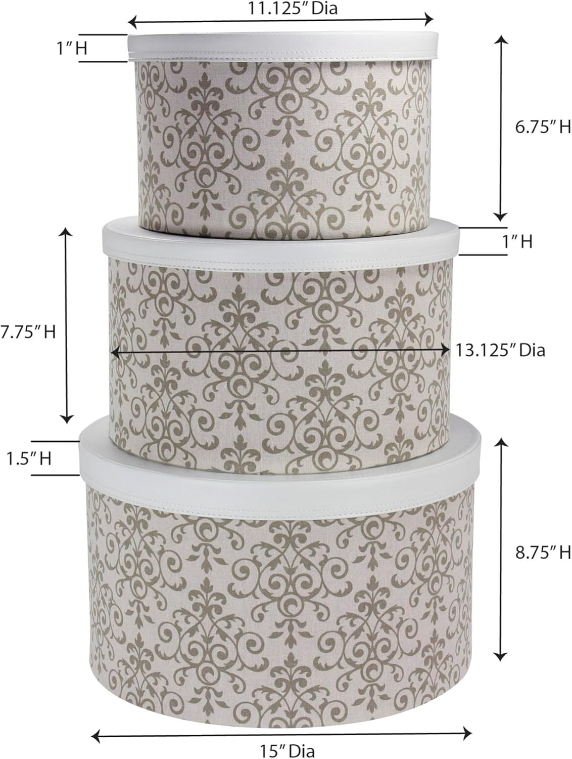 Household Essentials 3-Piece Hat Box Set with Faux Leather Lids, Scroll Pattern image number 2