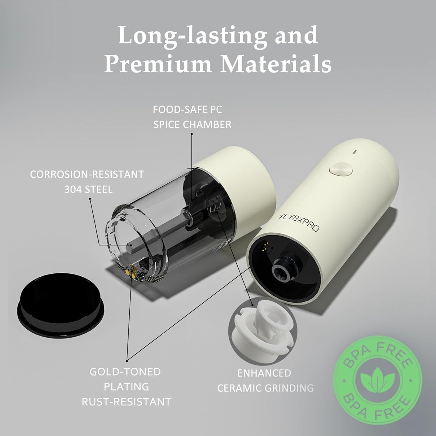 Electric Salt and Pepper Grinder Set, USB Rechargeable, Automatic Salt and Pepper Mill with Adjustable Coarseness, Pepper Shakers, LED Light, Refillable, Kitchen Gadgets (2 Packs, Greige&Buttercream) - Blackwhite image number 7