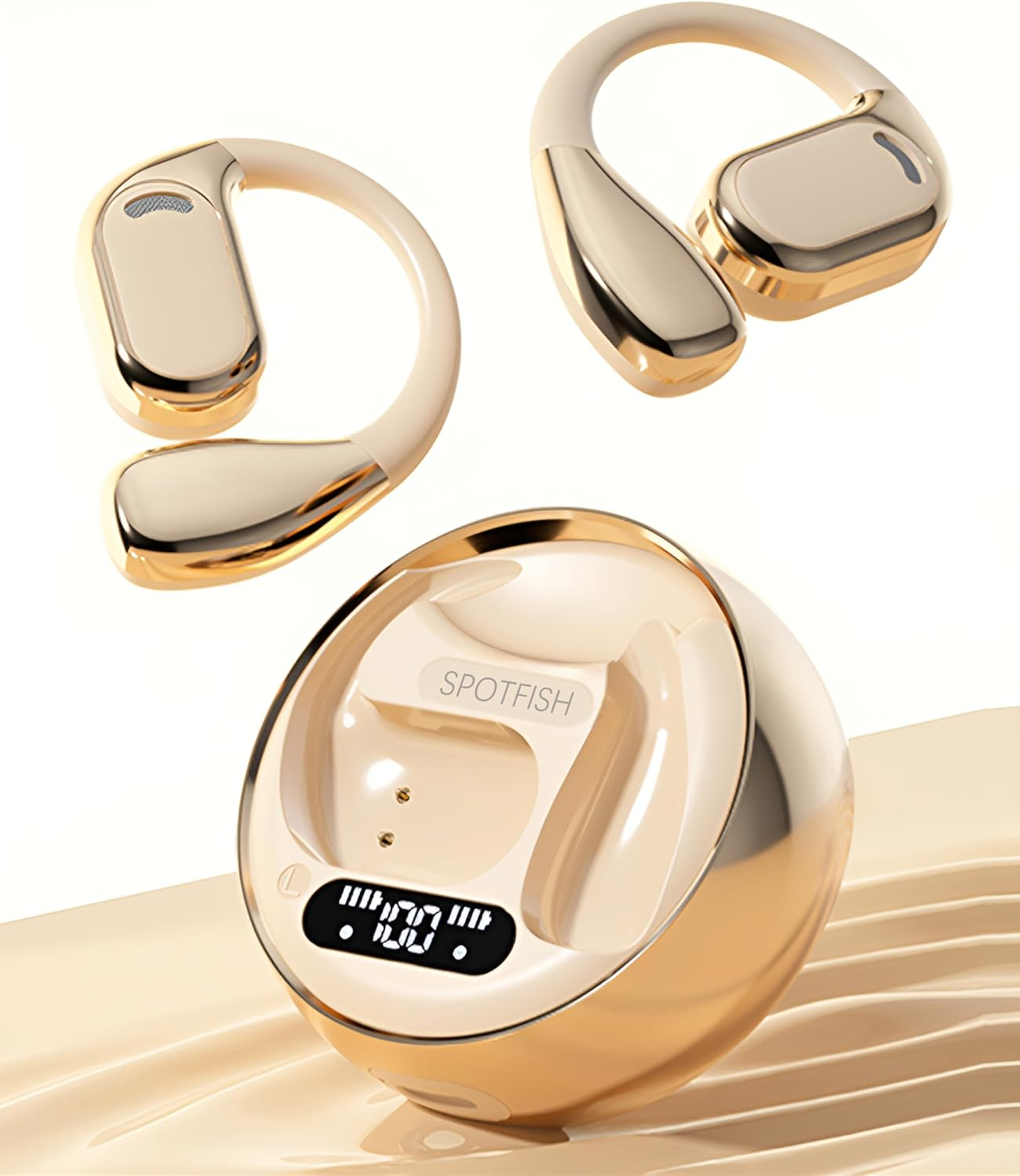 SPOTFISH Open Ear Headphones, True Wireless Earbuds Bluetooth 5.4,Hanging Ear Sports Earphones,Enc Noise Cancelling Clear Calls，Easy Touch Control，Advanced Aesthetics Charging Case-M76 (Beige)