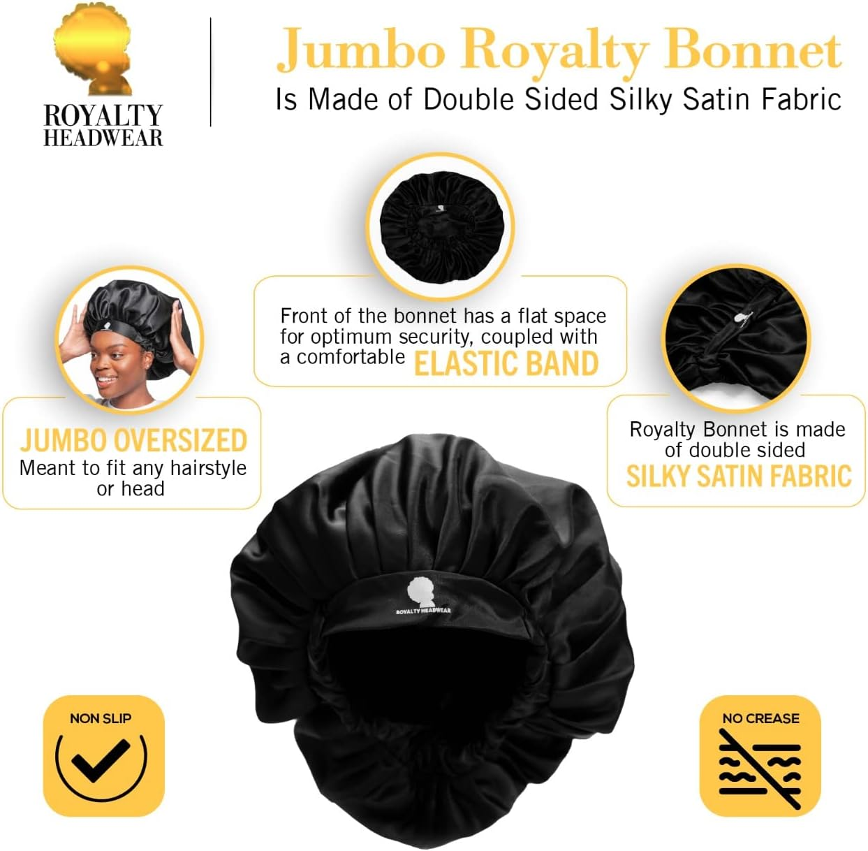 Royalty Headwear Silk Satin Bonnet for Women - Jumbo Extra Secure Non-Slip Satin Hair Bonnet for Sleeping, Bath - Black image number 7