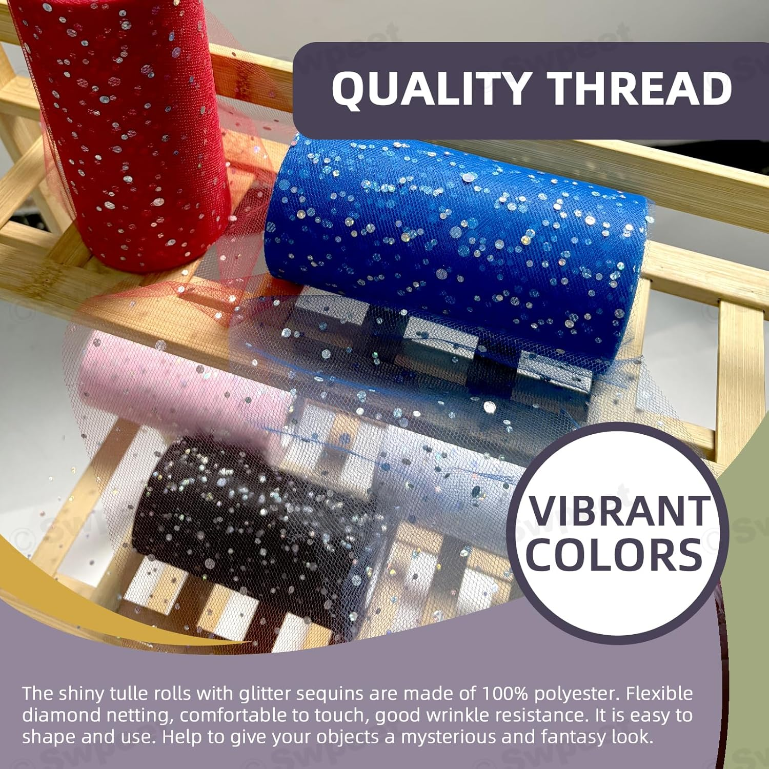 Swpeet 6 Inch by 50 Yards White Glitter Tulle Fabric Roll, Fabric Spool Sparkling Tulle Ribbon, Netting Polyester Spool for DIY Birthday Party Wedding Decorations Christmas Craft Supplies - Black image number 2