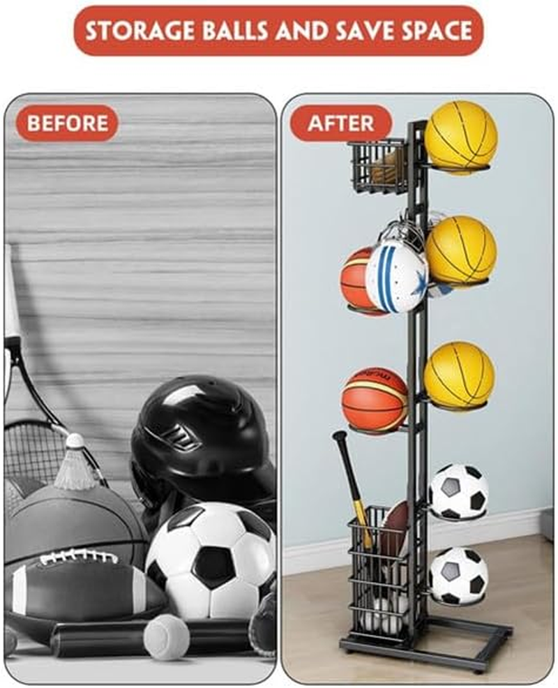 Basketball Storage Rack, Independent Basketball Rack, Sports Equipment Storage Rack with Baskets and Hooks, Suitable for Vertical Ball Racks for Football, Volleyball, Rugby, Basketball, and Badminton. image number 3