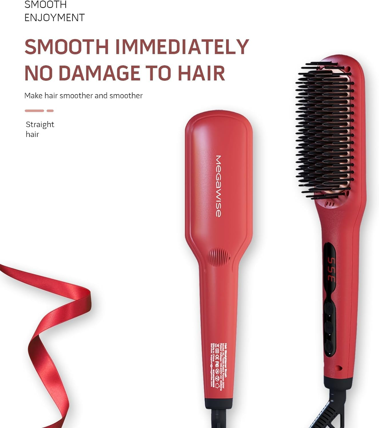 Megawise Hair Straightener Brush KL1025 - Fast Heating, Anti-Scald, Adjustable Temperature, and Auto Shut-Off - Ideal for All Hair Types (Tomato Red) image number 5