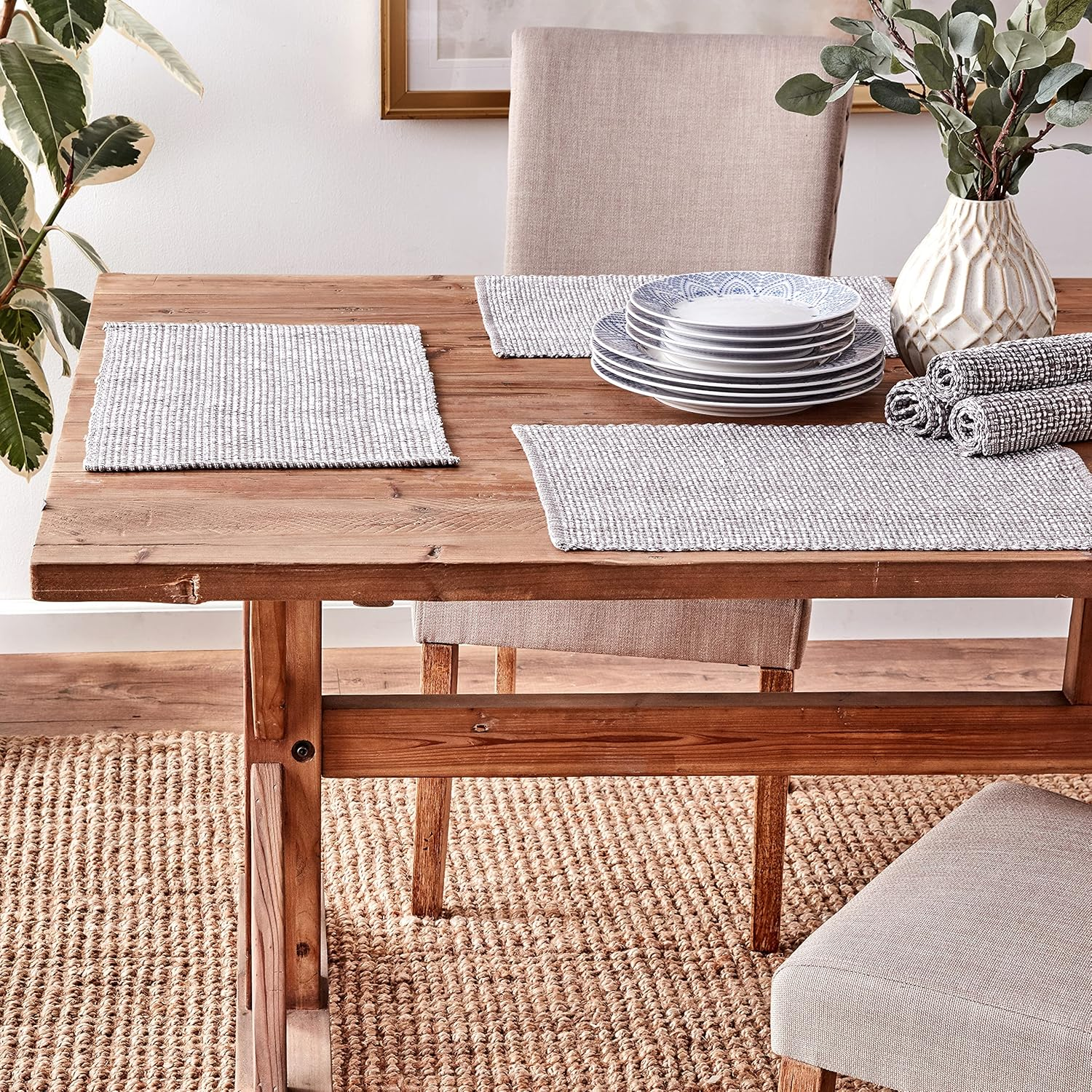 Sweet Home Collection 100% Cotton Placemats for Dining Room Rectangle Two Tone Woven Fabric 13" X 19" Soft Durable Table Mat Set, Set of 6, Gray image number 5