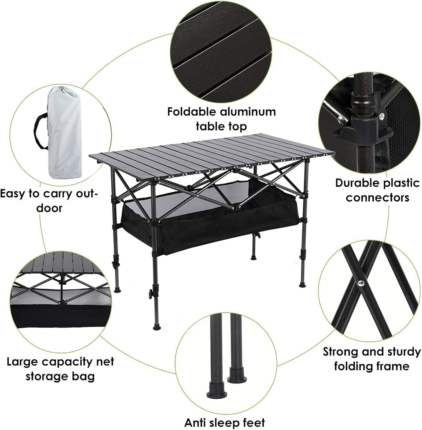 Foldable Camping Table Adjustable Height with Storage Bag, Generous Detachable Tabletop 95X55Cm, Portable Lightweight Picnic Table Quick Setup Capacity 150KG, for BBQ Garden Backyard Poolside image number 1