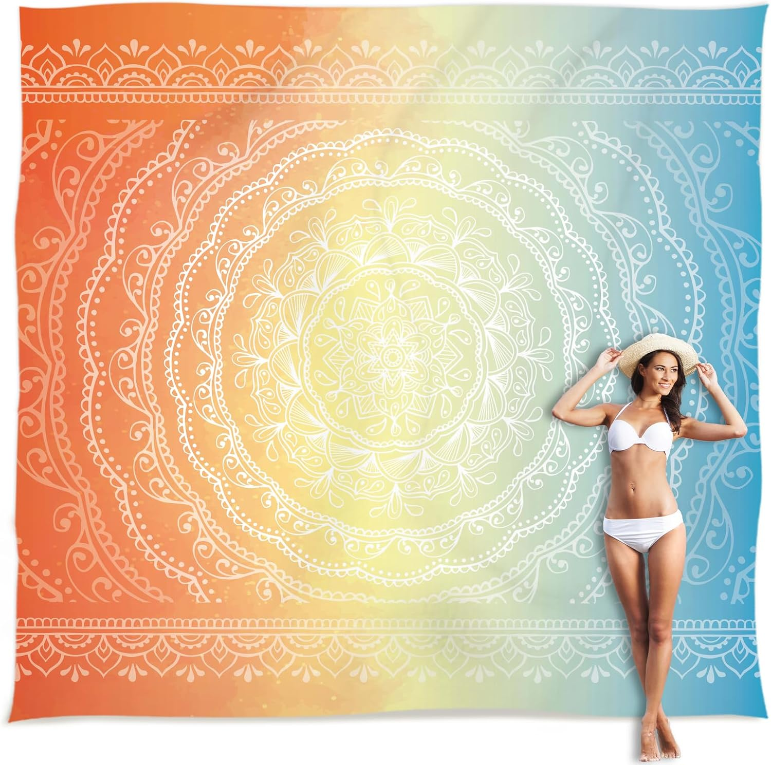 Sunlit 10'X9' Extra Large Boho Sand Proof Beach Blanket, Sand Proof Mat with Corner Pockets and Mesh Bag for Beach Party, Travel, Camping and Outdoor Music Festival, Bright Turquoise Mandala