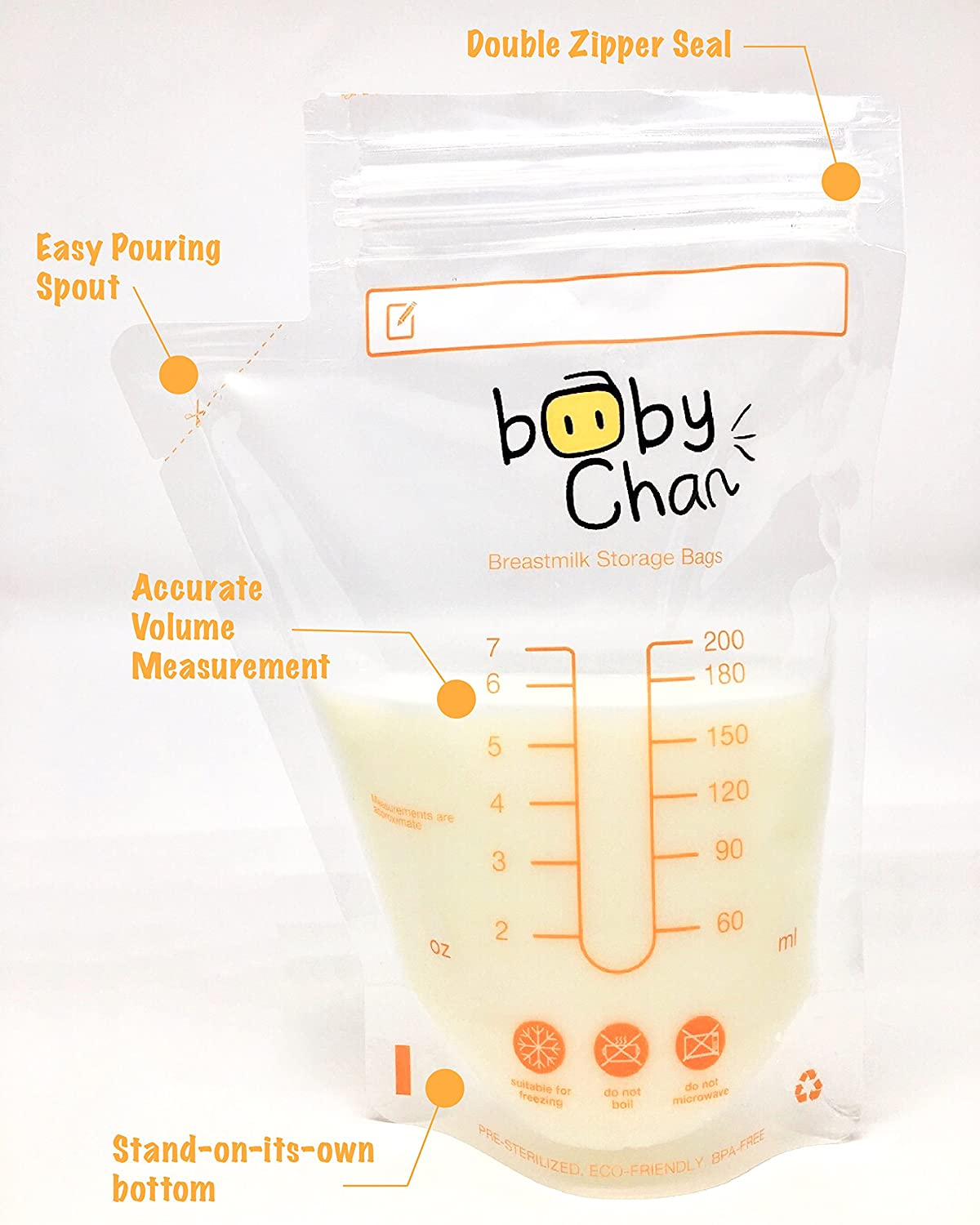 Baby Chan Breast Milk Storage Bags,100Pk 200 Ml (Convenient Pour Spout, Pre-Sterilised and BPA Free) image number 1