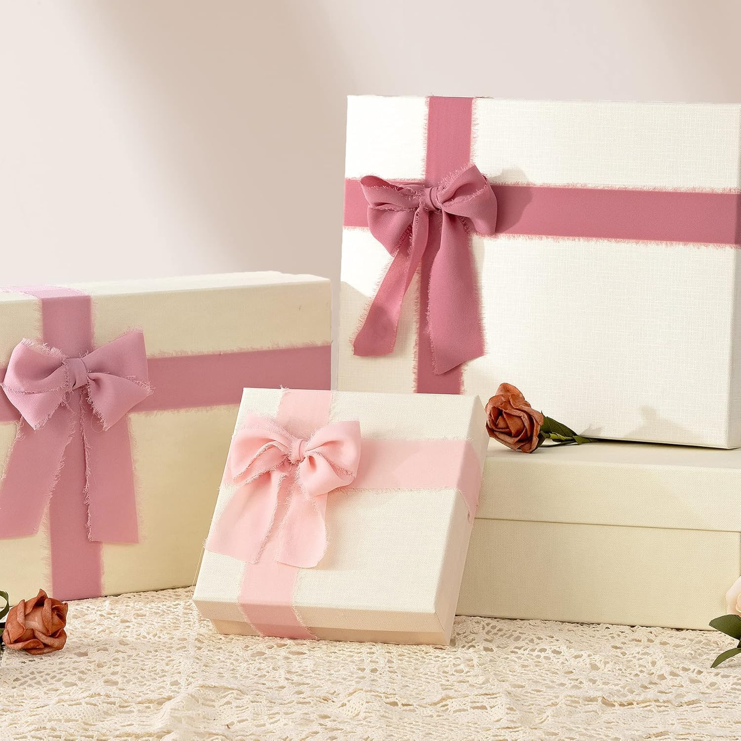 JOWILIN Chiffon Silk Ribbon Fringe, 3 Rolls 1.5" &times; 5.5Yd Handmade Ribbon, Frayed Edges Ribbon for Wedding Invitations Gifts Wrapping DIY Crafts, Bridal Bouquets Party Decorations (Pink) image number 1