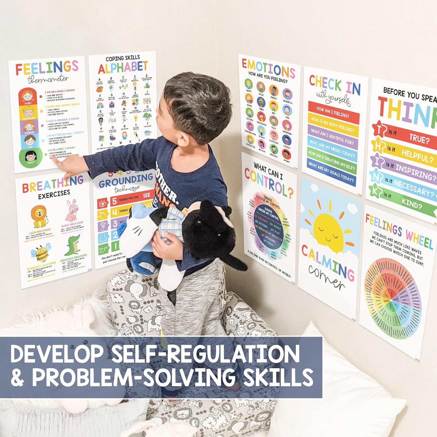 BEAWART 12 Calming Corner Classroom Posters (10X14) - Feelings Wheel Chart & Emotions Poster for Kids, Calm down Corner Supplies for Therapy Office Decor, Mental Health Wall Decorations for Preschool