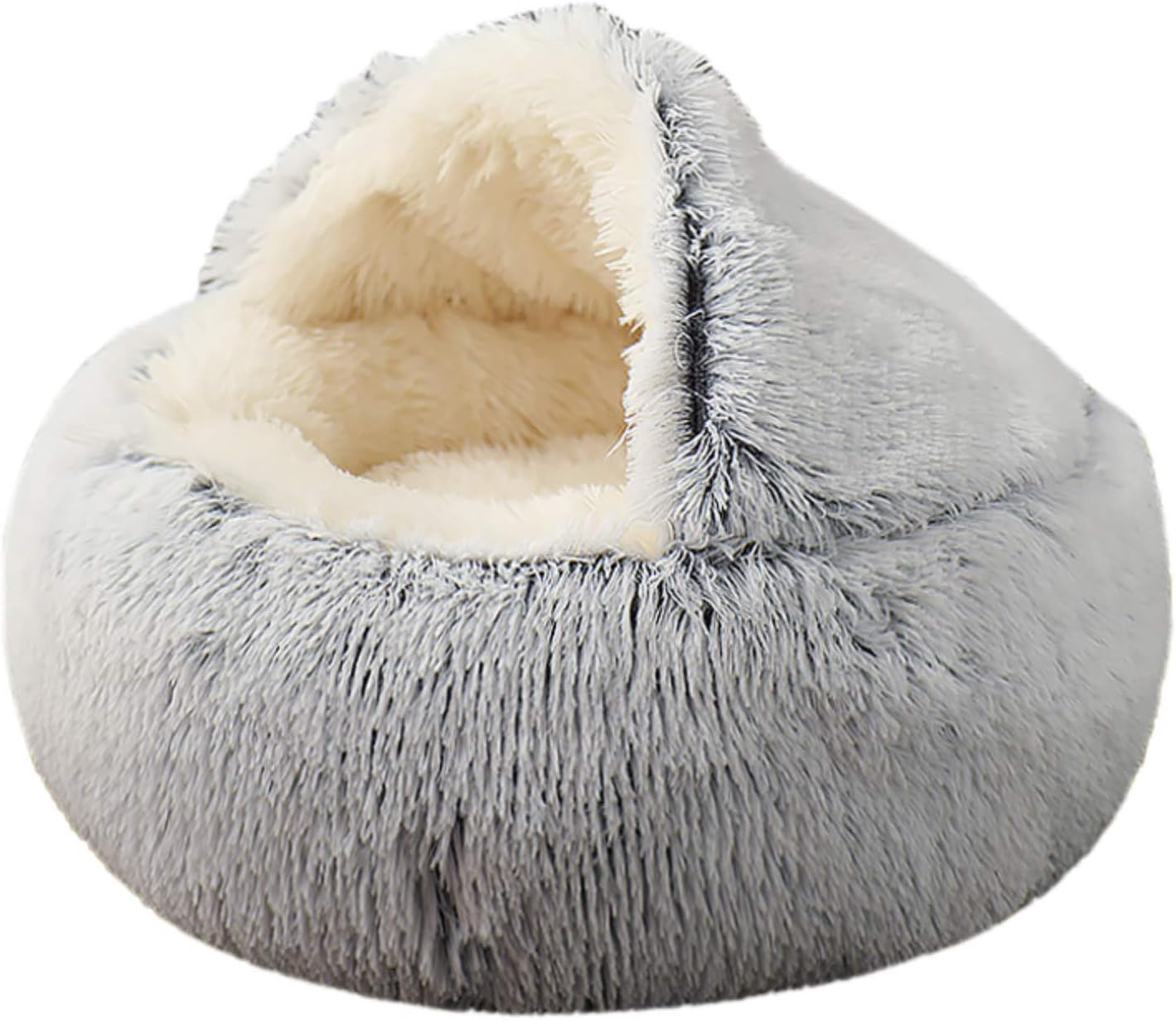 KWEWIK Cat Bed round Soft Plush Burrowing Cave Hooded Cat Bed Donut for Dogs & Cats, Faux Fur Cuddler round Comfortable Self Warming Pet Bed, Machine Washable, Waterproof Bottom, Small, Pink