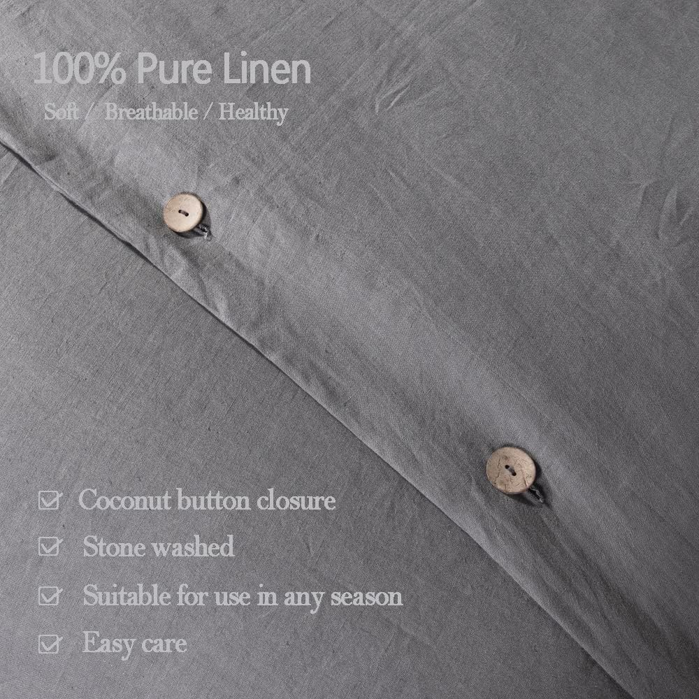 Meadow Park Stone Washed Pure Linen Duvet Cover Set 3 Pieces, Queen 90 Inches X 94 Inches- Shams 20 Inches X 26 Inches, Coconut Shell Button Closure - Corner Ties - Super Soft, Charcoal image number 1