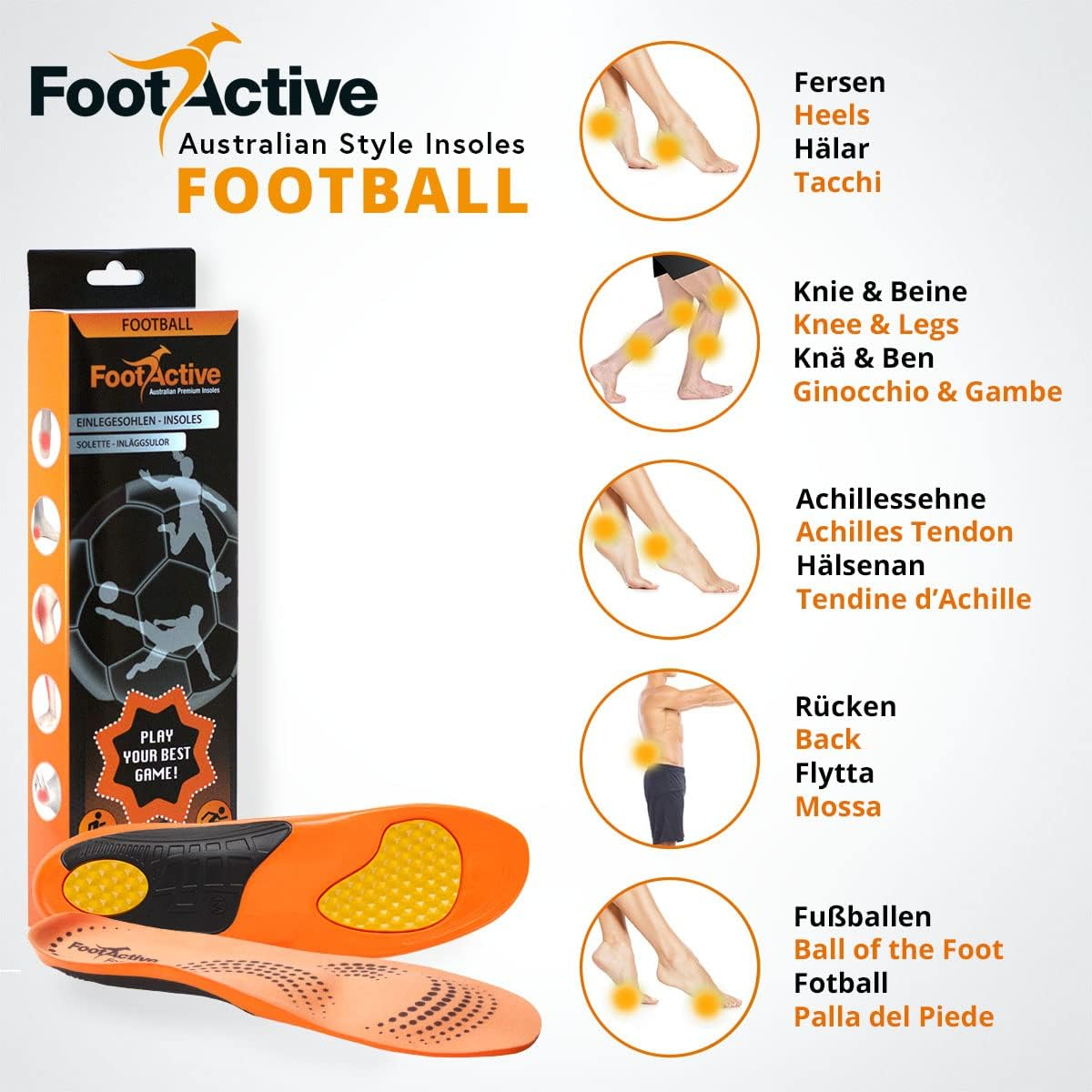 Footlogics Football Orthotic Insoles for Rugby, NRL, AFL & Soccer Boots and Athletics Shoes, Provides Support and Cushioning, Gel Pads in Heel & Forefoot, Relieves Sports Injuries, Full Length, Large, Pair image number 5