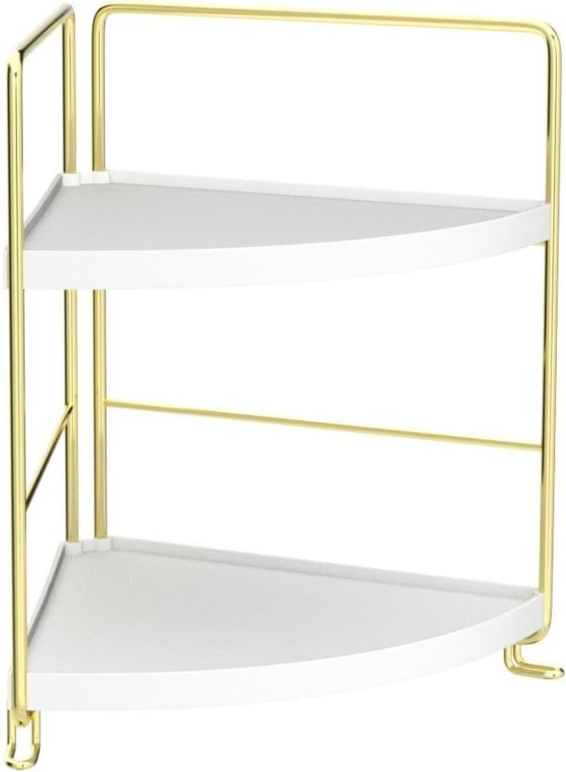 Fsyueyun 2-Tier Corner Bathroom Countertop Organizer, Kitchen Spice Rack Makeup Storage Shelf Vanity Bedroom Storage Tray (Gold)